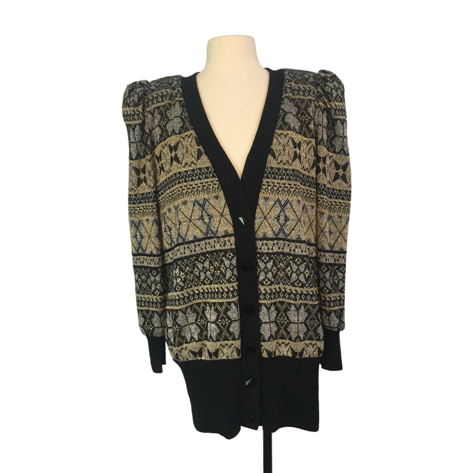 Leslie Lucks Womens Vintage Black Metallic Cardigan Sweater, Silver Gold 12