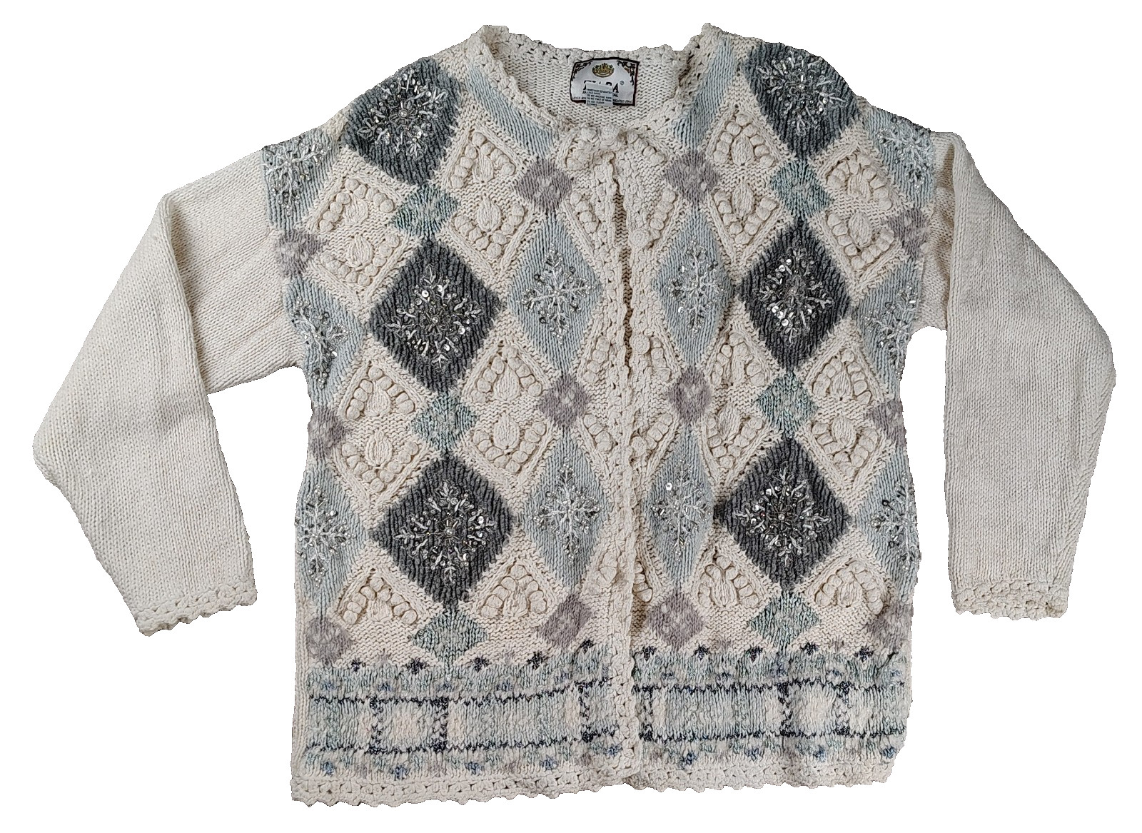 Vintage Tiara International L Cardigan Sweater Beaded Embroidered Holiday FLAWS*
