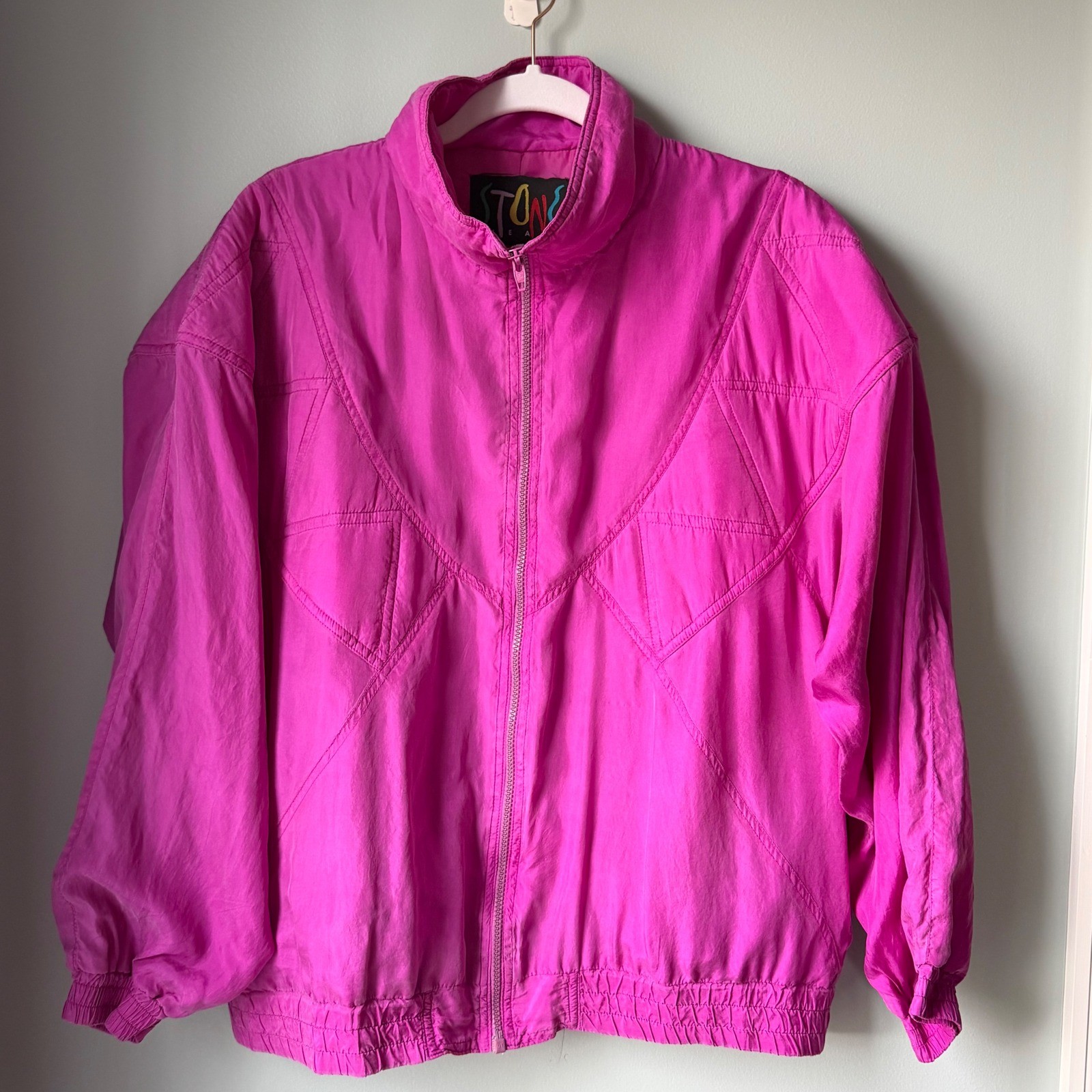 Vintage Stone Jeans Women’s Silk Bomber Jacket Full Zip Fushia Pink 80s 90s SZ M