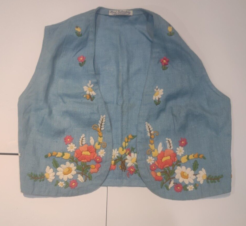 Vintage Linen Hand Embroidery Floral Vest Womens Blue Small Made in Hungary