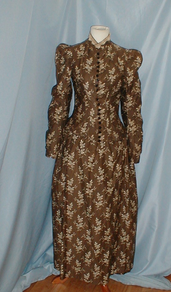 Charming Antique Dress Victorian 1880 Bustle Back Brown Cotton Print