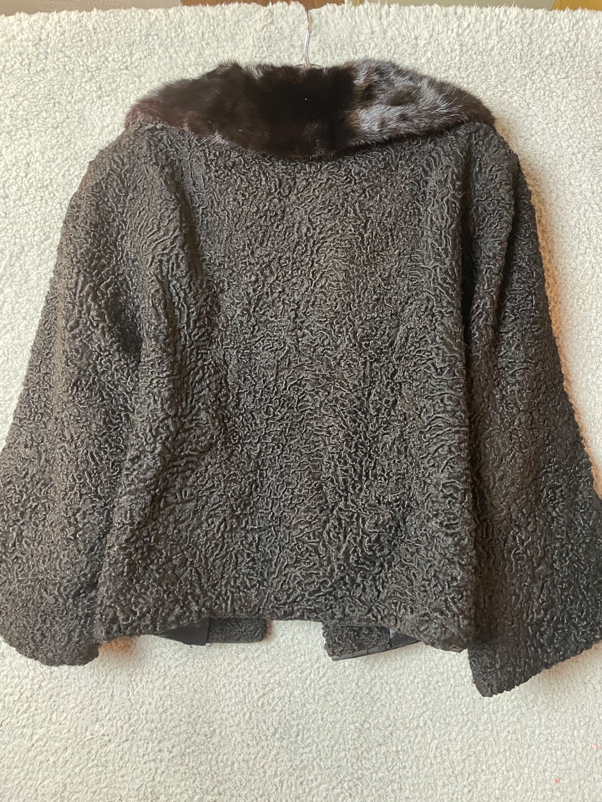 Vintage Persian Lamb Jacket Small Black Mink Collar Cropped Fur VTG