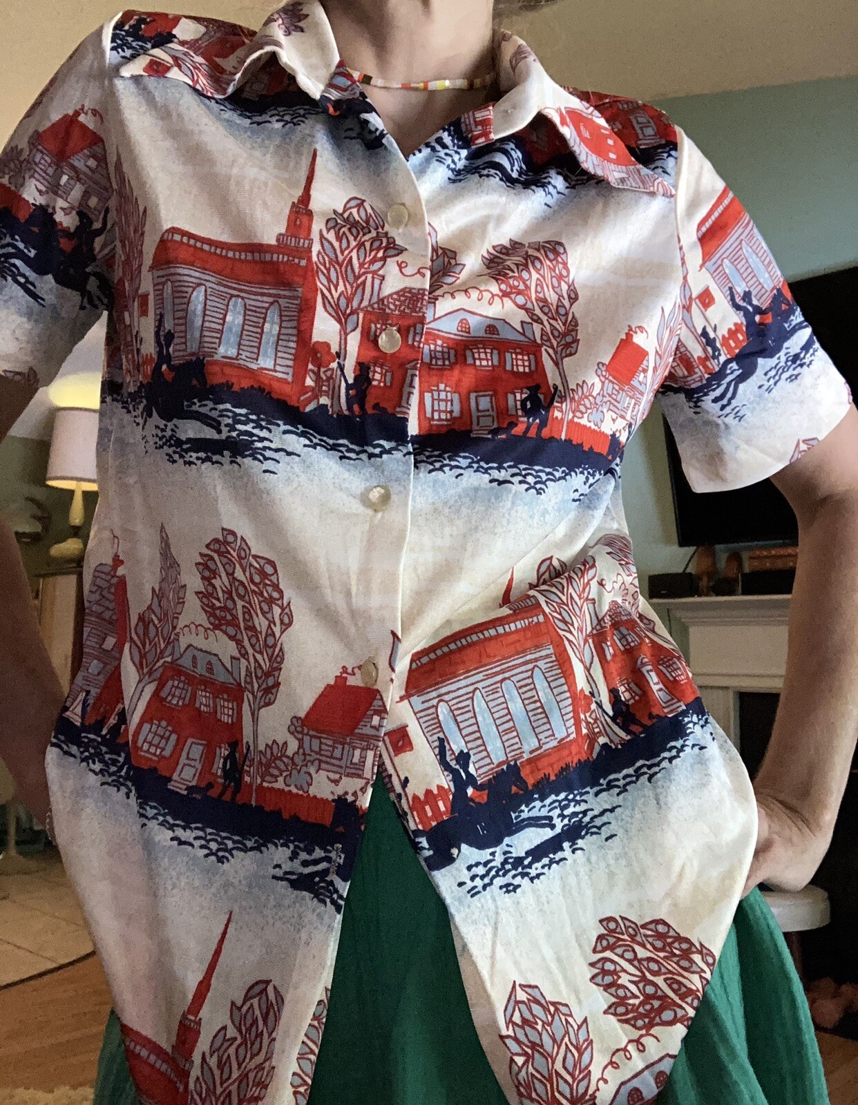 Vintage Graff California Wear Polyester Button Up Blouse Red Blue Houses Sm/Med