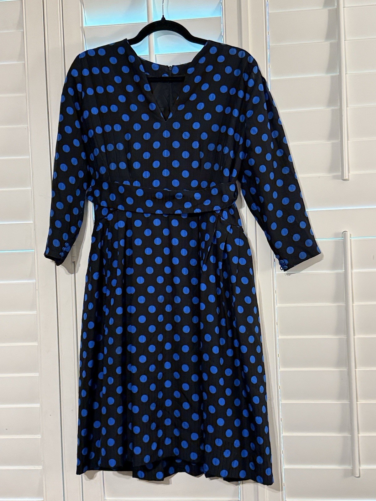 Vintage Pauline Trigere Women’s Black With Blue Polkadot Long Sleeve Dress 8/10