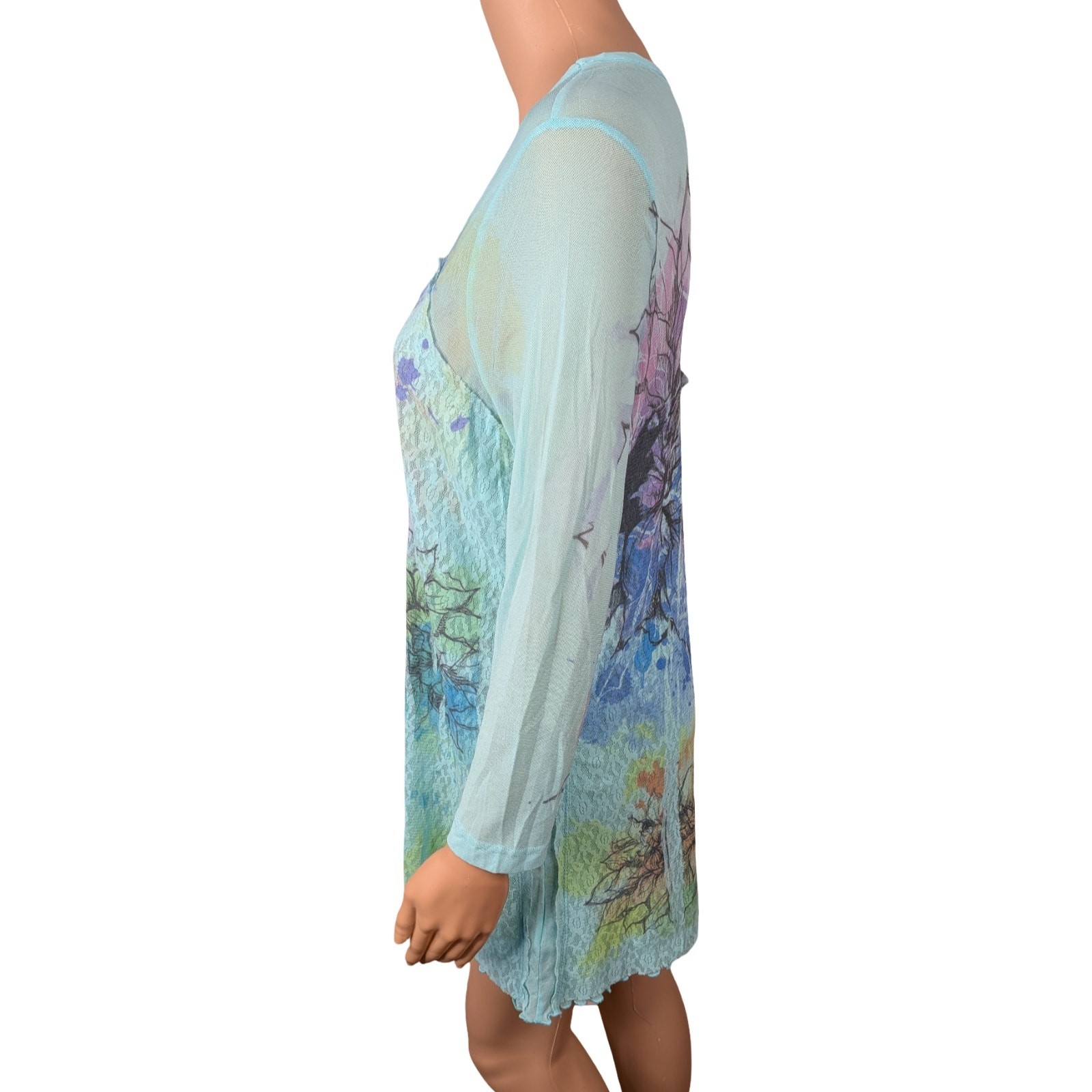 Vintage Dressbarn Y2K Pastel Blue Floral Nylon Mesh Tunic Top L Rhinestone Lace