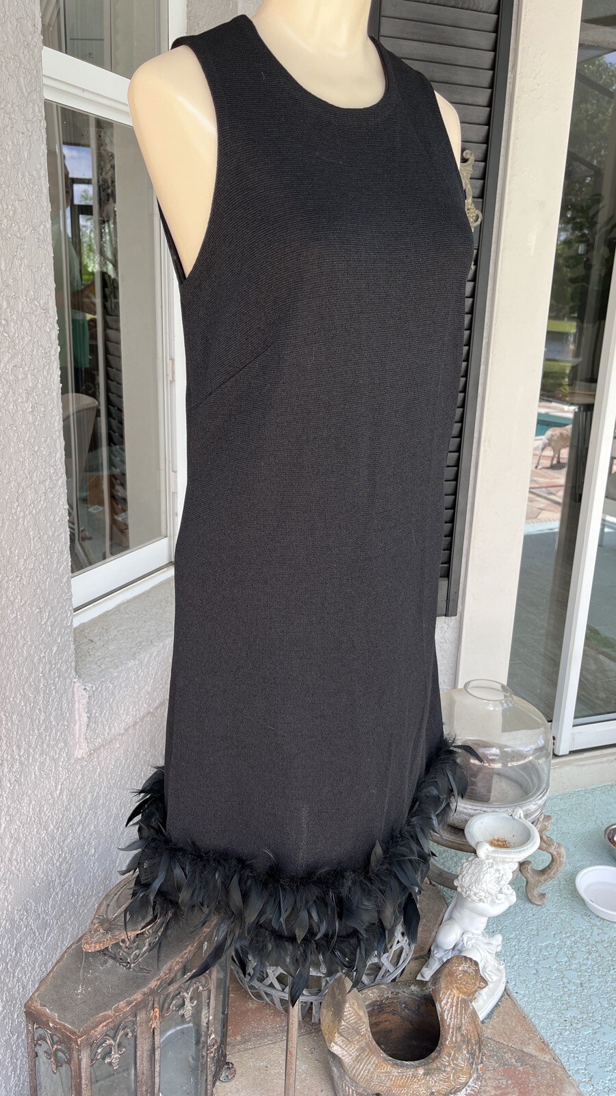Vintage MIZAR Black Ostrich Feather Hem Cocktail MOD Shift Party Dress 60’s