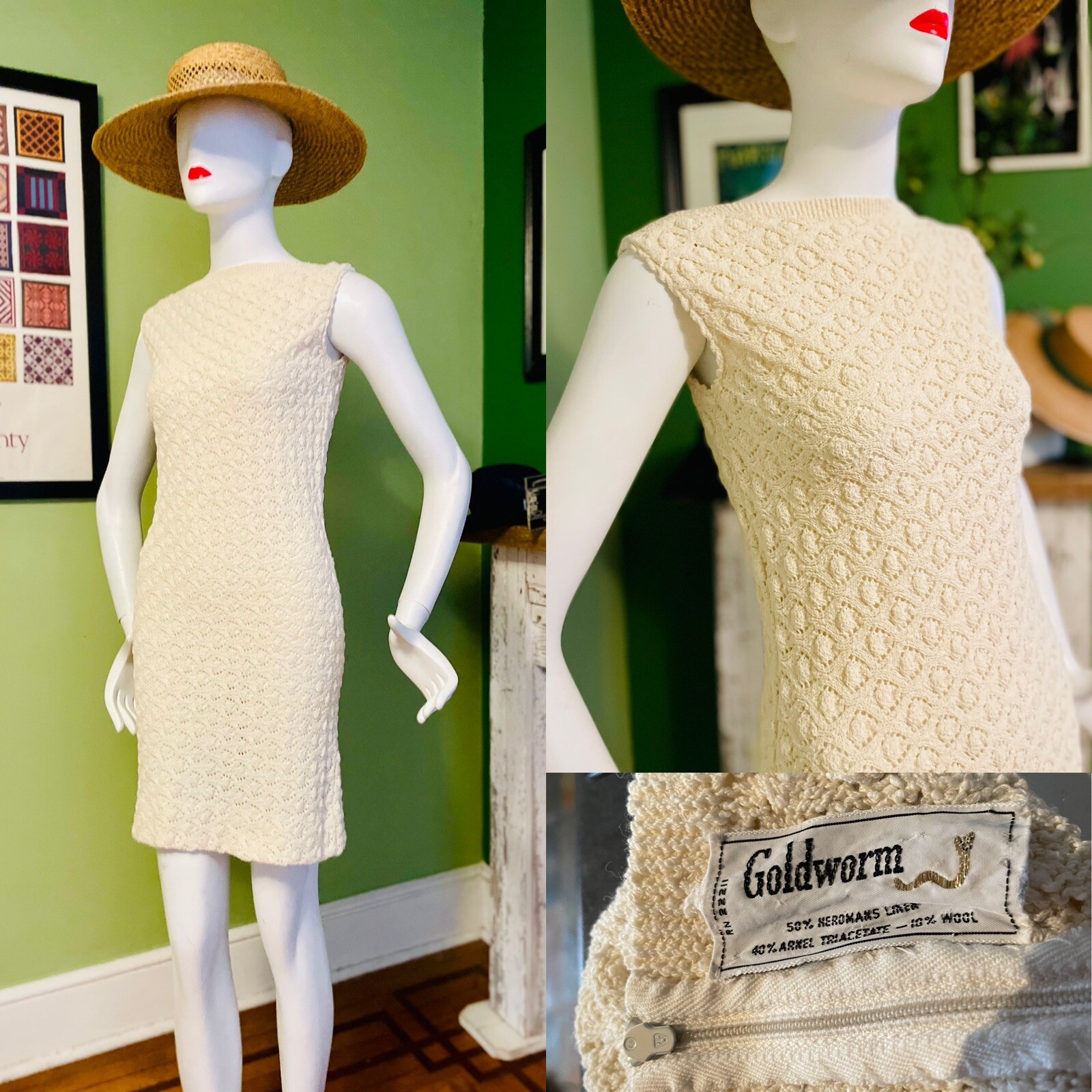 Vtg Rare GOLDWORM Italy Linen Peek A Boo Ecru Crochet Knit Dress M Spring