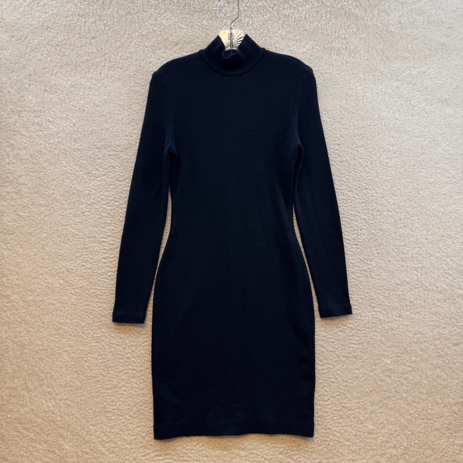 80s 90s Vintage DKNY Sweater Midi Dress Medium Black Navy Wool Blend Mock Neck