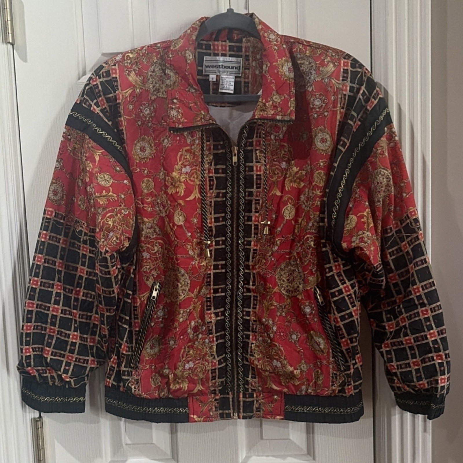 Westbound Vintage Sport Jacket Red Black Gold Pattern Zip Front Nylon Size S