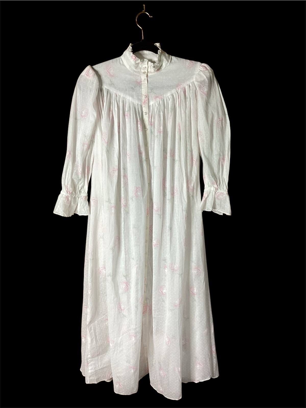 Vtg Eileen West Queen Anne’s Lace Floral Cotton 3/4 Puff Slv Nightgown Pockets S