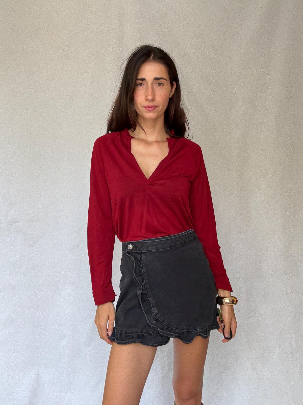 Super soft wool deep red long sleeve top, Red V-neck jumper jersey, Size S