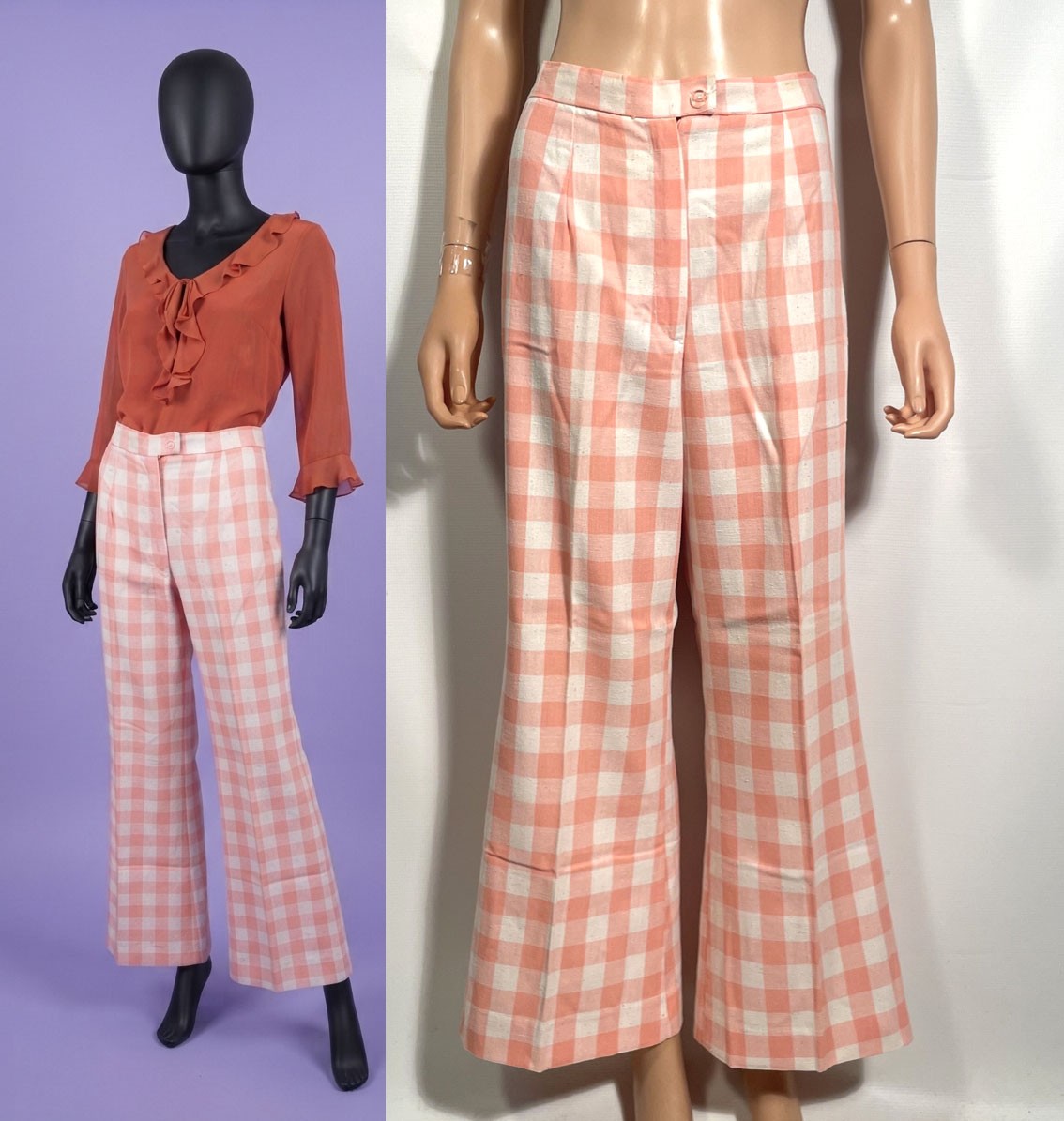 Vintage 1970s Salmon Gingham Cotton Wide Leg Bell Bottom Pants Size S