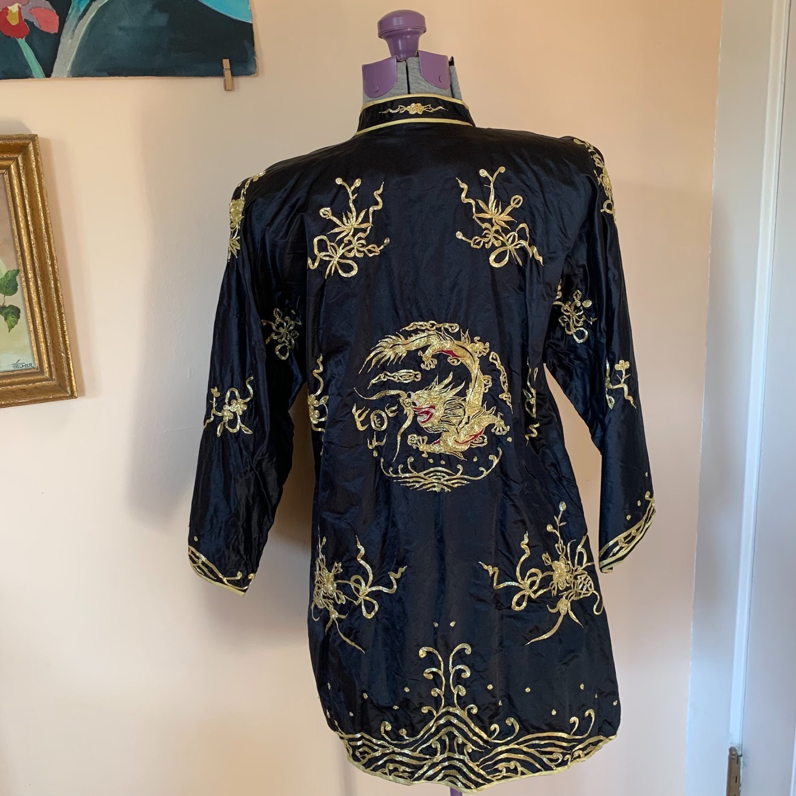 Chinese Silk VTG Jacket Wedding Gua Dragon Gold Thread Embroidery Hand Sewn XL