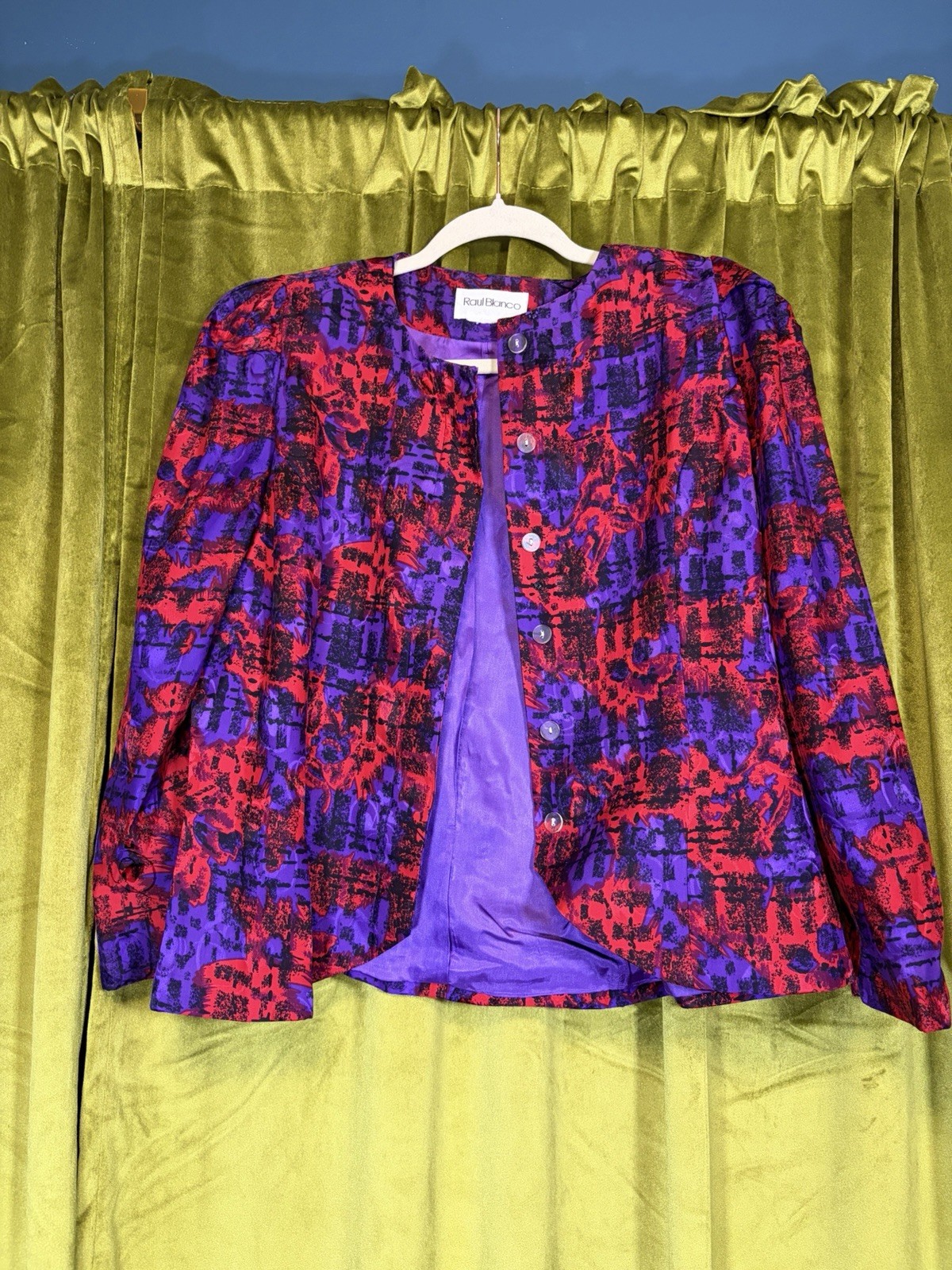 Vintage 80’s Raul Blanco Silk Purple & Red Geomtric Print Blazer Jacket Medium