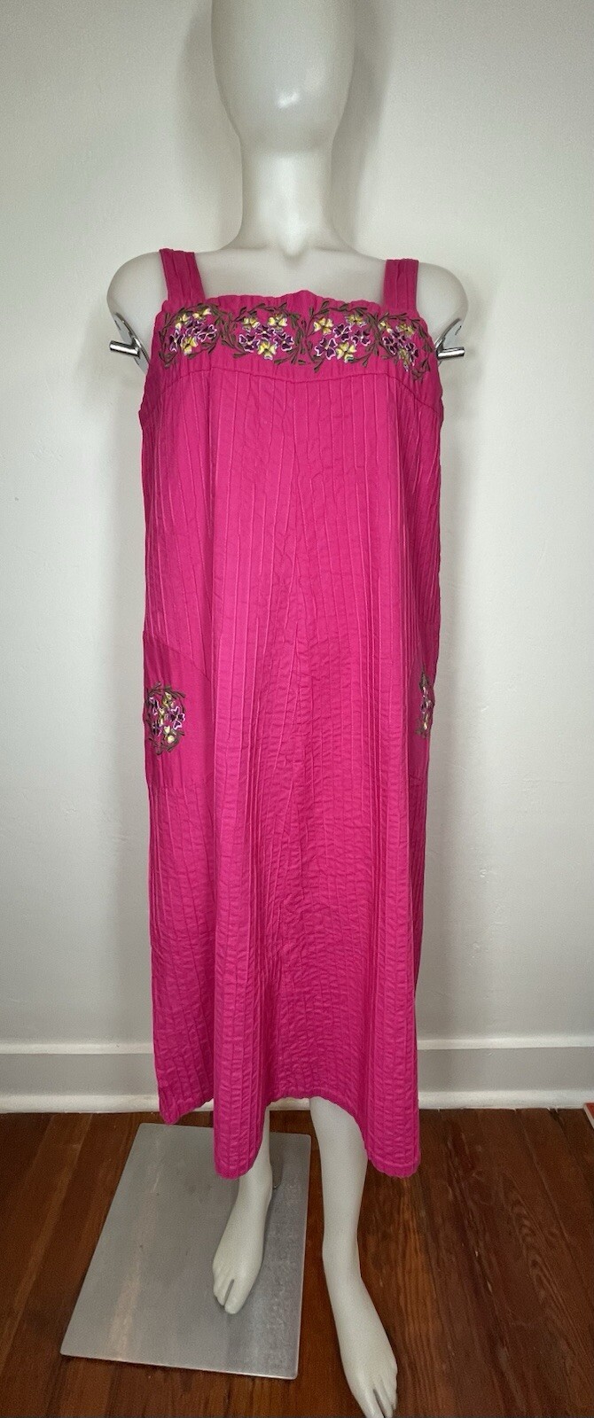 VTG Mexican Pin Tucked Midi Dress Pink Embroidered Cotton Summer Women’s S/M