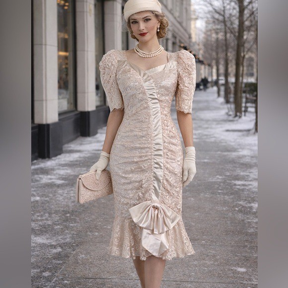 Vintage 80’ Ala Carte Pastel Peach Puffy Sleeve Lace Fitted Bridal Prom Dress S