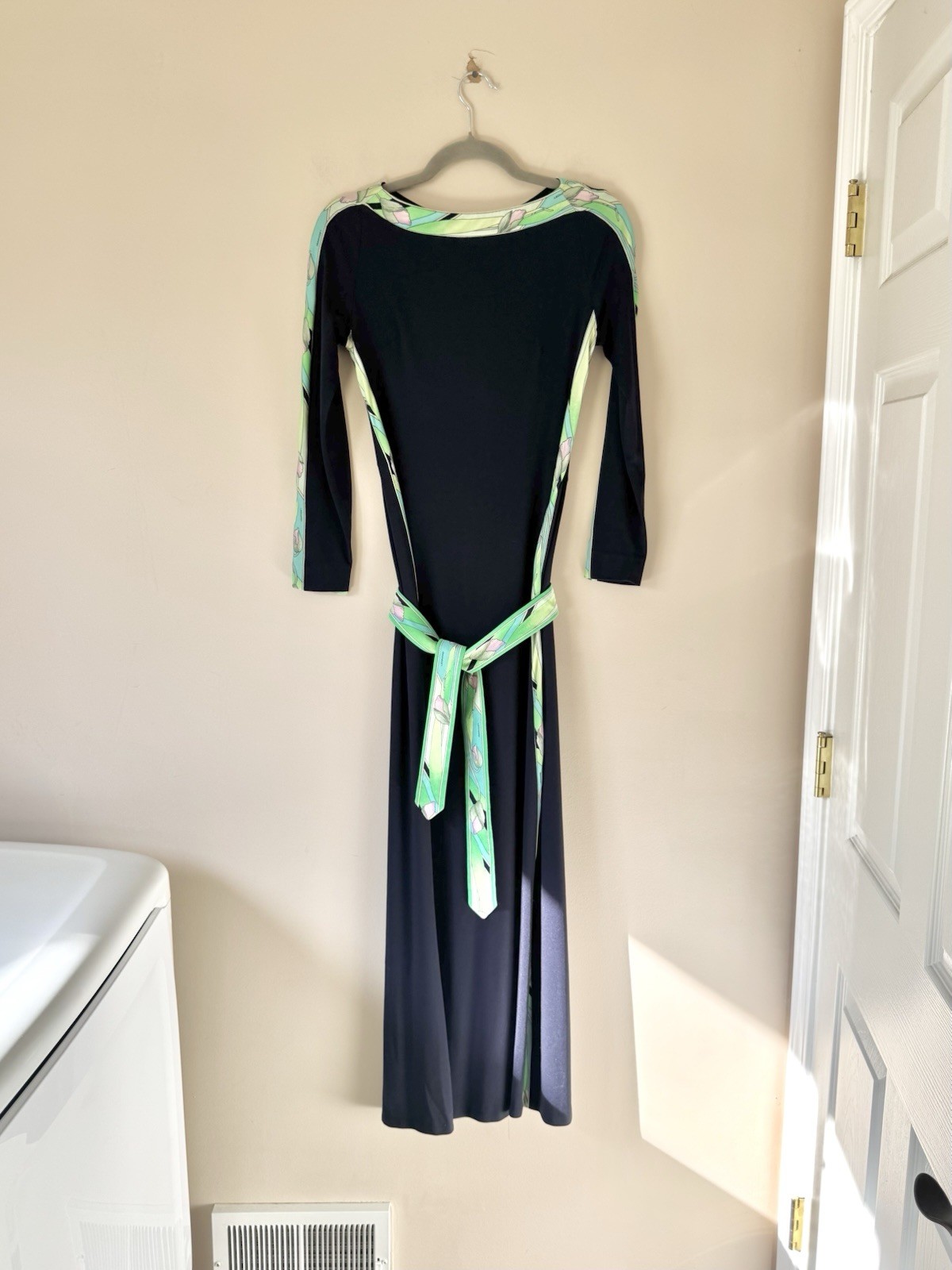 Leonard Paris Navy Blue + Lime Green / Pink 60s 70s Vintage Silk Designer Maxi