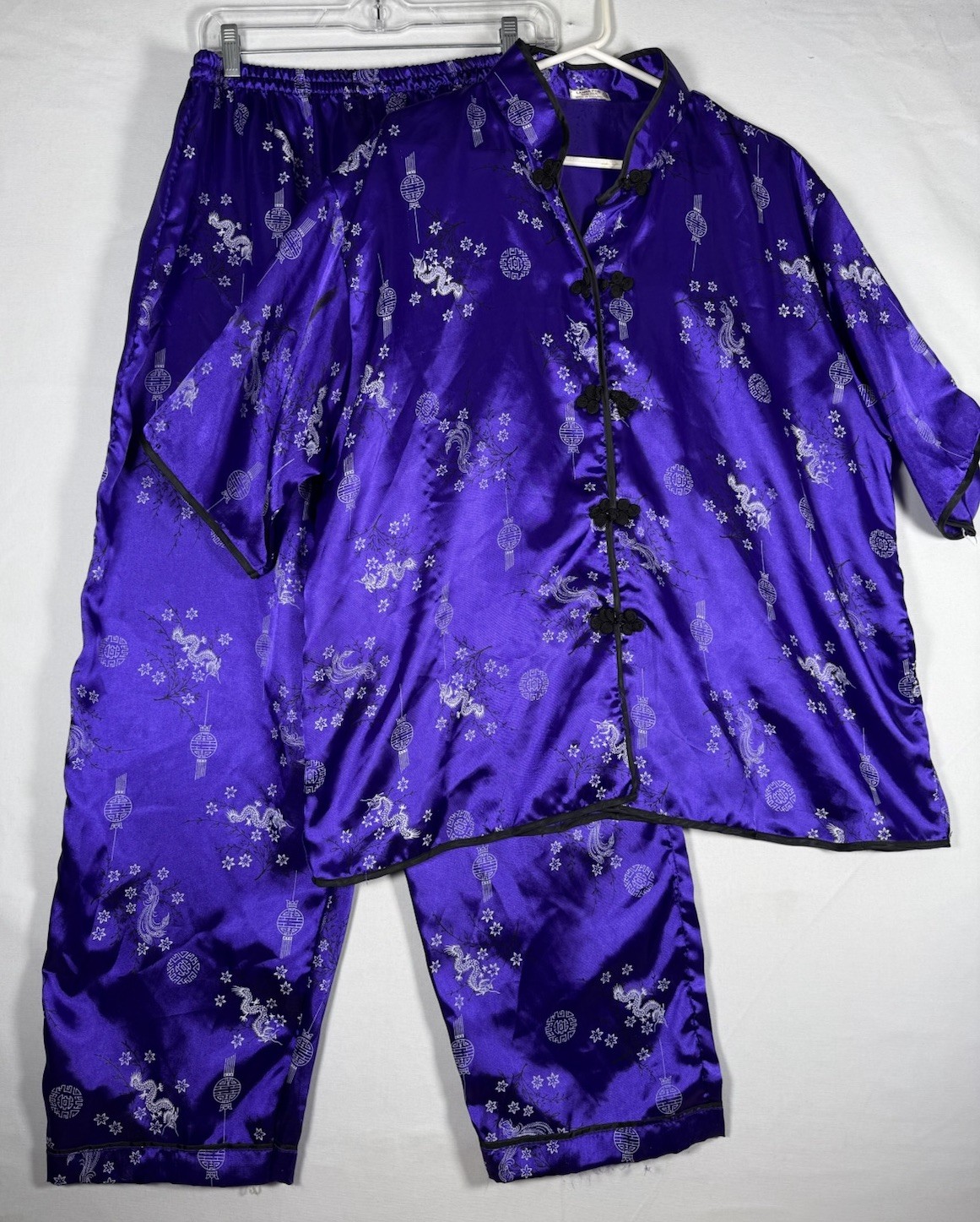 Lanna Pine Thai Silk Set Woman’s 2XL Purple Asian Suit Dragon Kimono