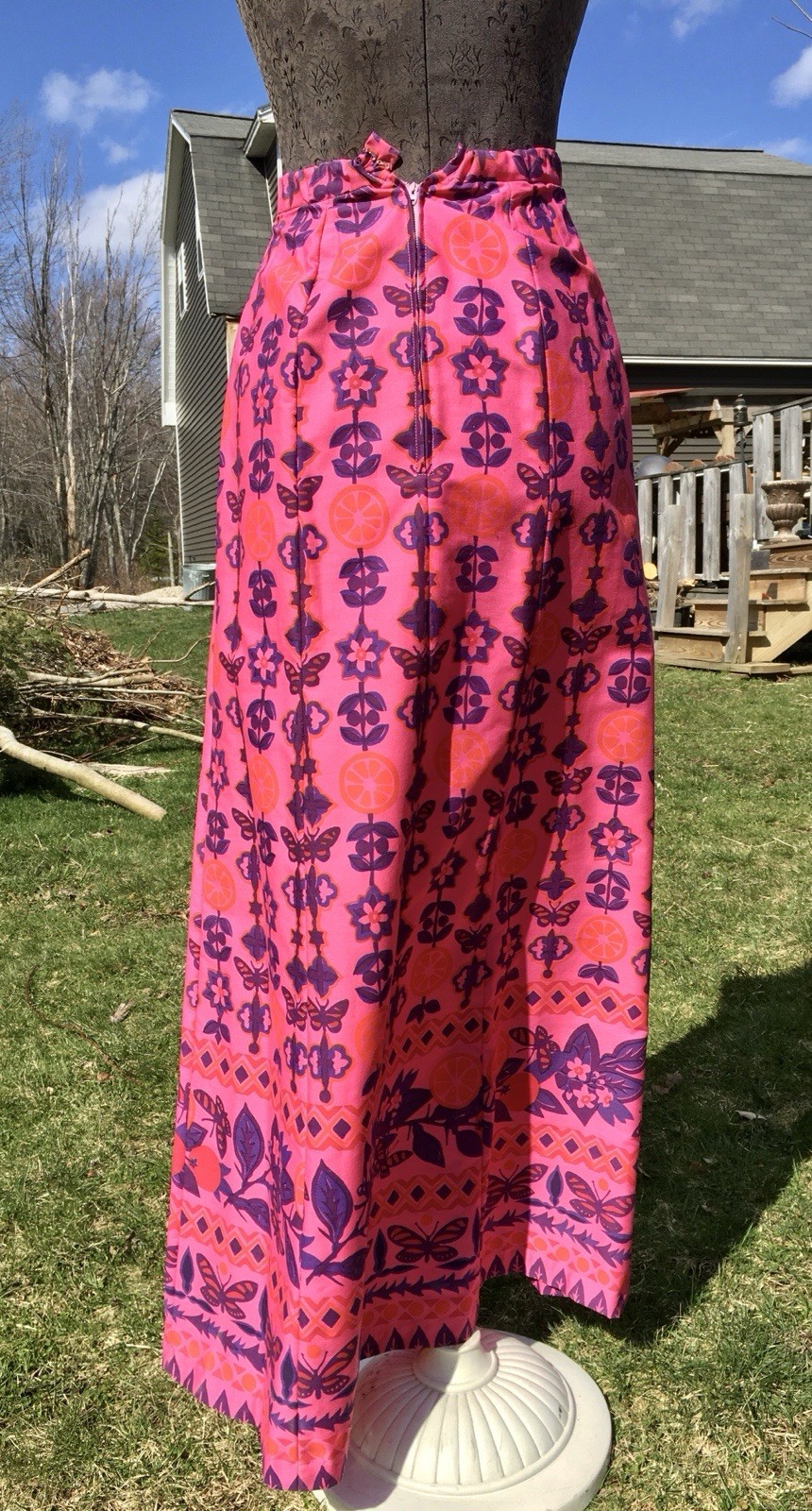 Vintage 60’s Pink Ruth Clarage Hand Block Printed Floral Long Skirt Size 0/2 XS