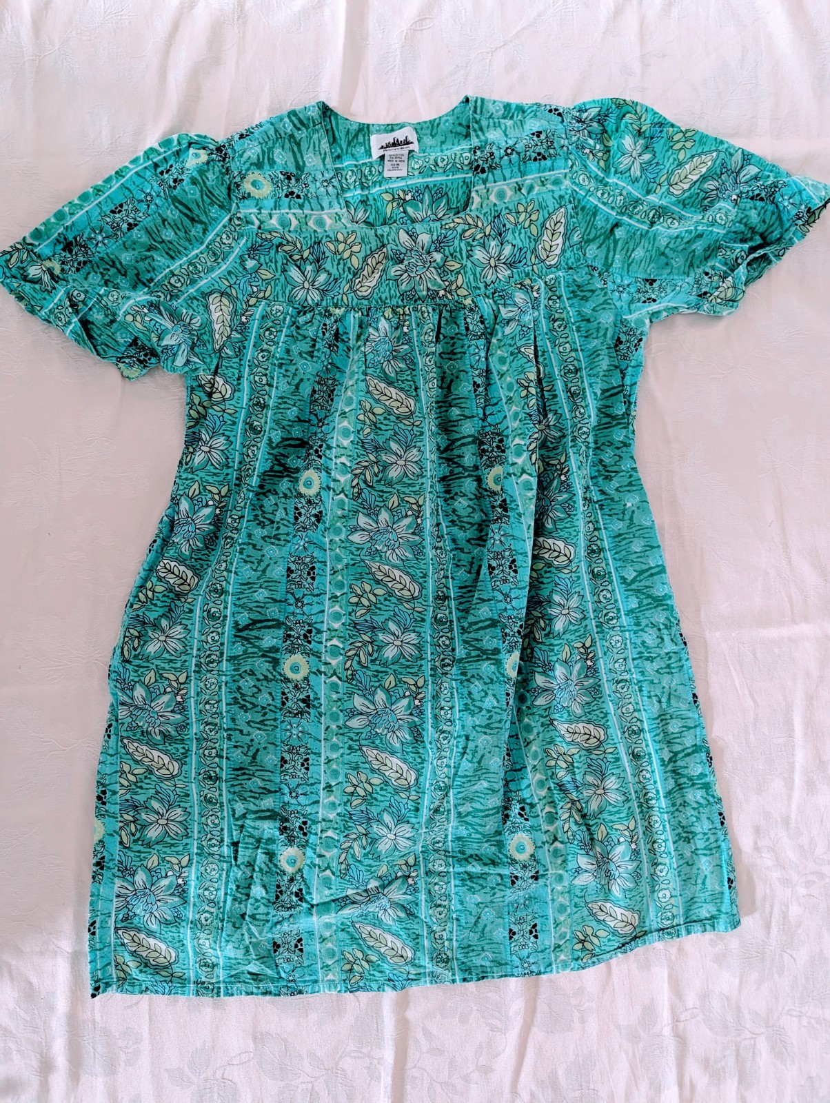 VTG Metropolitan Floral Cotton House Dress Sz M Muumuu Green Blue Cottagecore