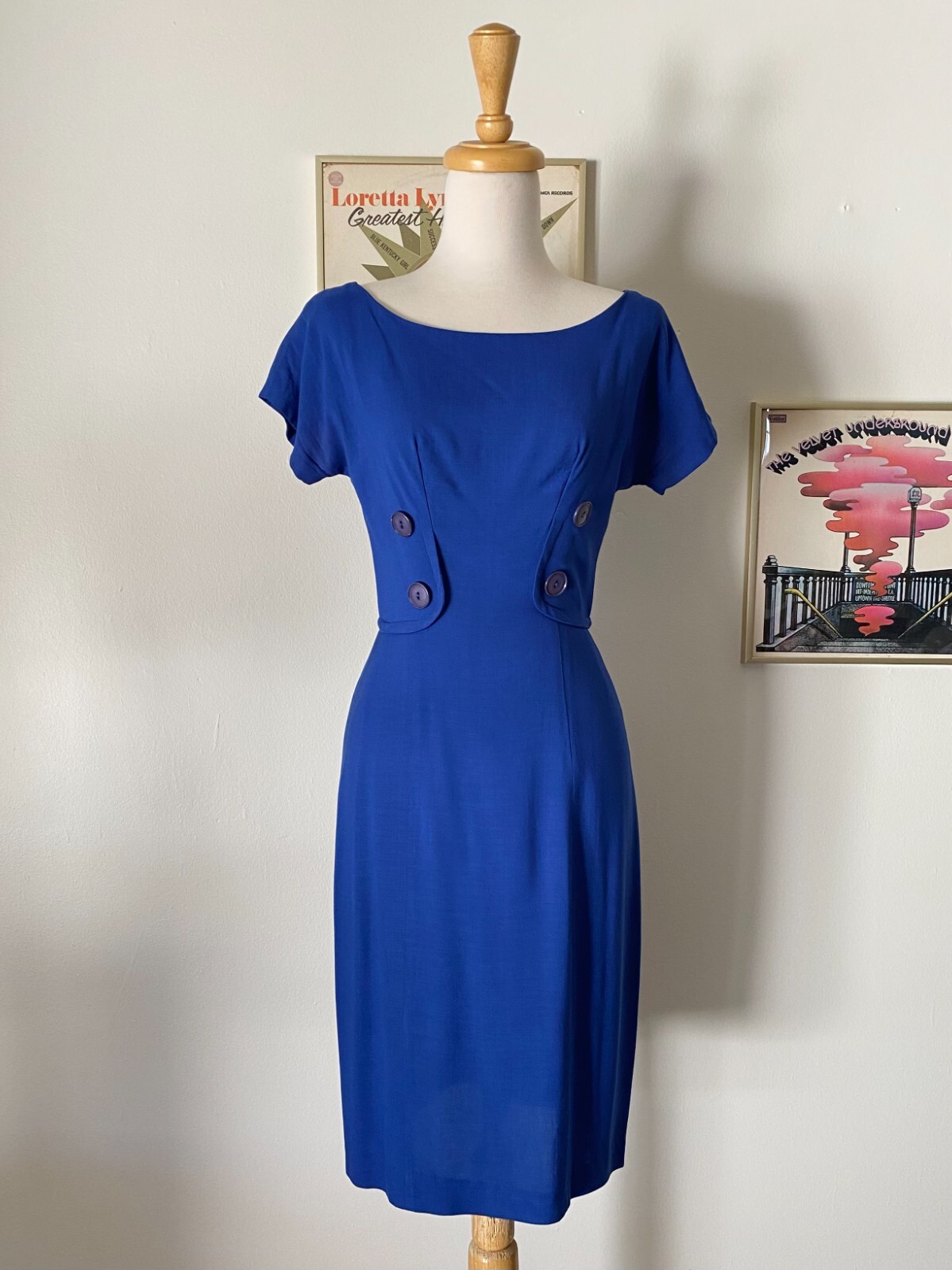 1960s MR. MORT Vivid Cobalt Blue wiggle dress with button detail XS
