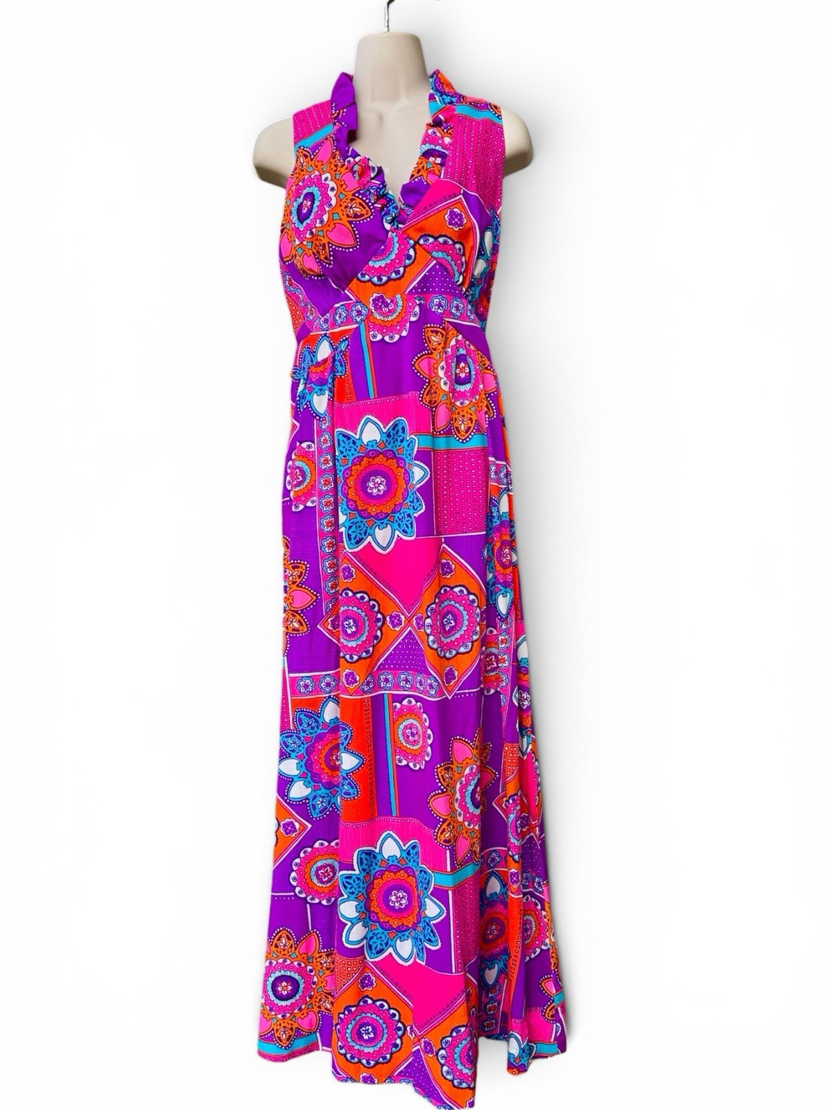 VTG 60s 70s Empire Waist Maxi Dress Psychedelic Floral Barkcloth Mod Dopamine