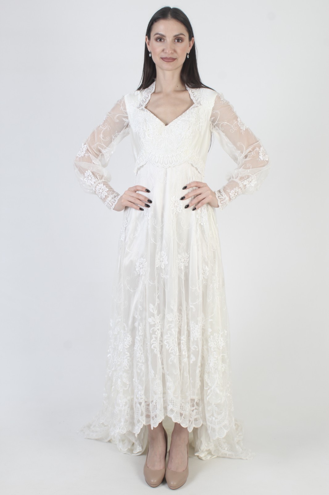Vtg White Embroidered Wedding Dress Sheer Lace Victorian Bridal Asym Gown Train