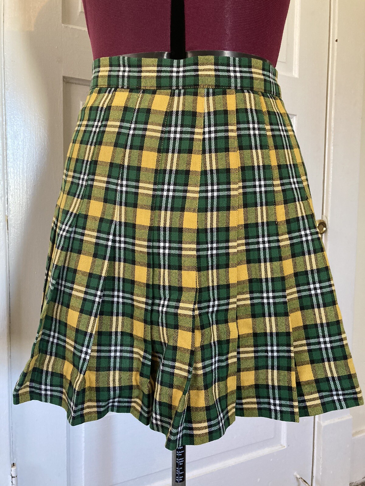Vintage Varsity Cheerleading Pleated Skirt Plaid Yellow Green 60’s 28 Inch Waist