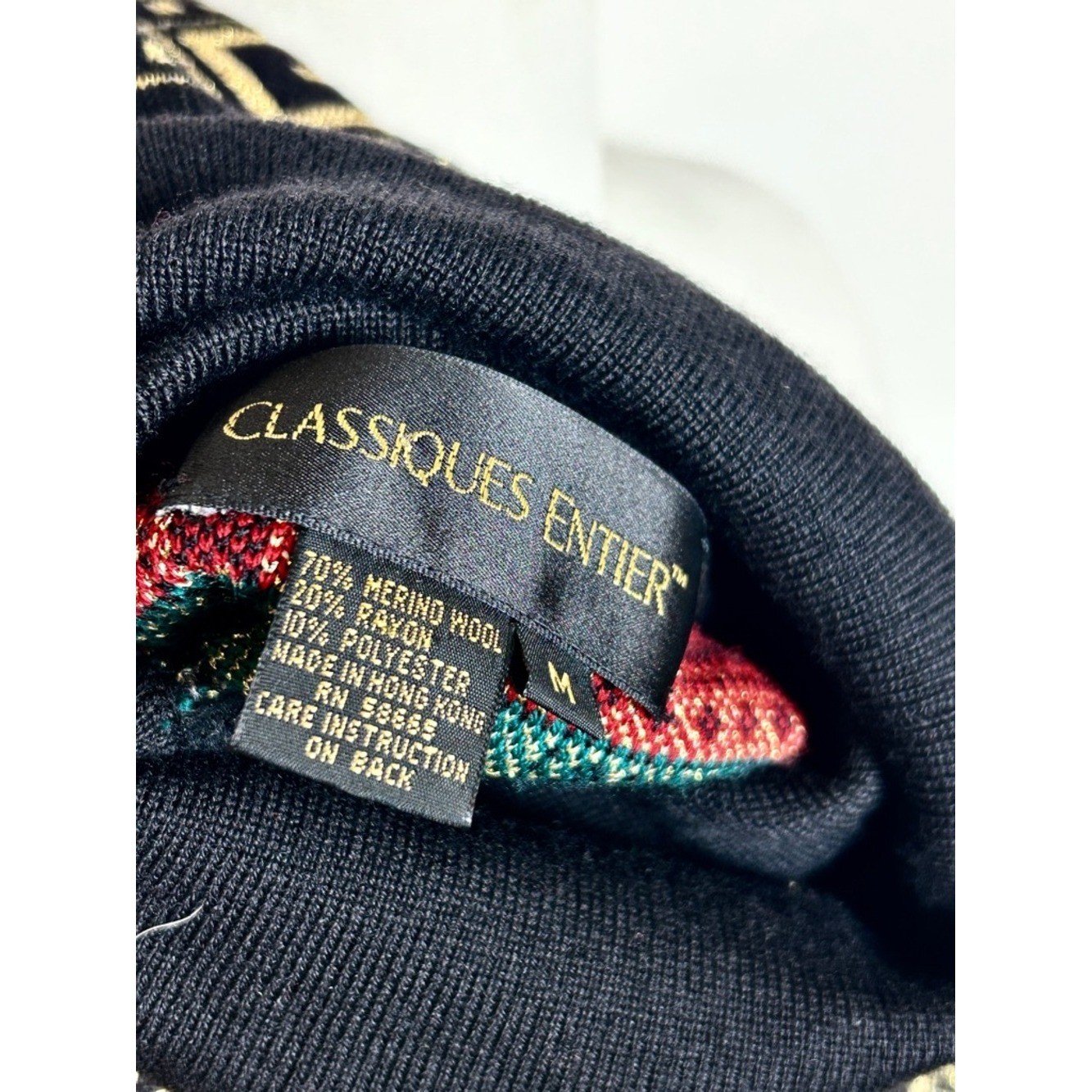 Vtg Classiques Entier Indie Wool Unisex Black Turtleneck Sweater Gold Check M