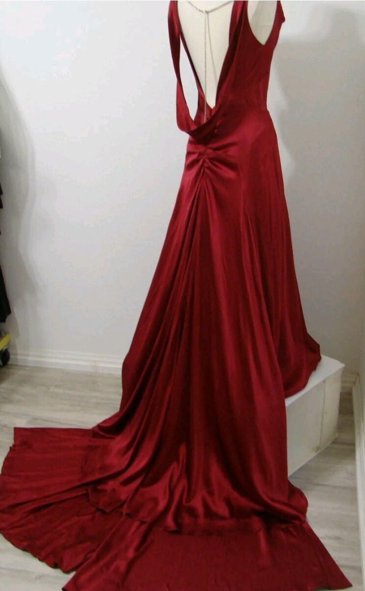 Vintage Cherry Red Bias Cut Low Back Crystal Ruched Formal Gown Huge Train