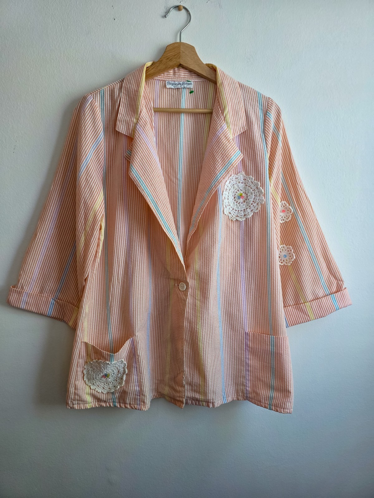 Vintage Separate Scene Seersucker Beaded Crochet Blazer Cottagecore Women’s