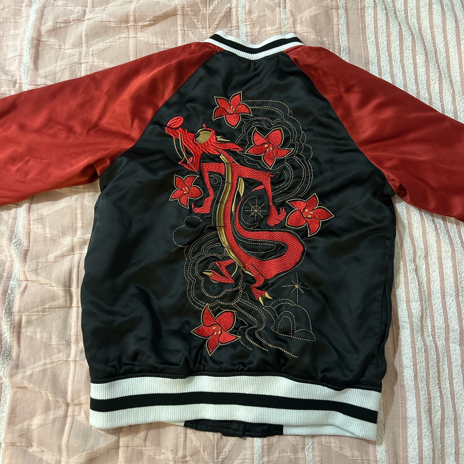 Black Red Bomber Jacket Embroidered Dragon Floral Design Mulan Disney Size M