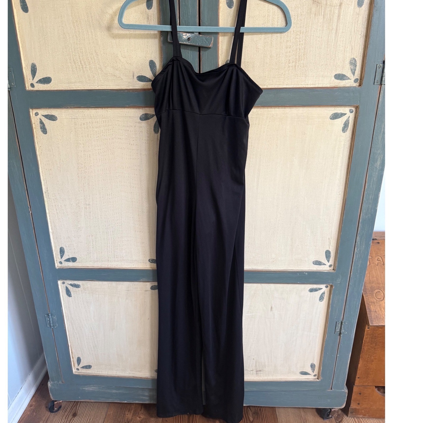 Vintage Black Spaghetti Strap Jumpsuit Wide Leg Sweetheart Neck 100% Disco 5