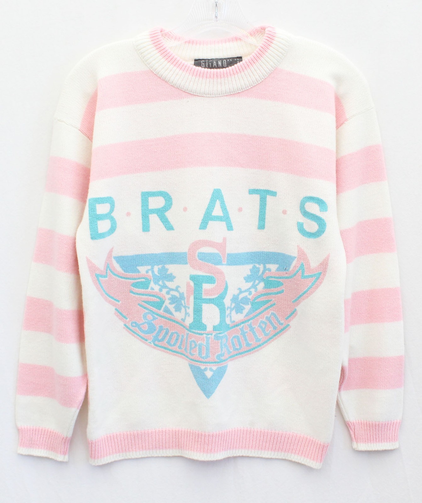 Vintage Gitano Knits Spoiled Rotten Brats Retro Pink Striped Pullover Sweater XS