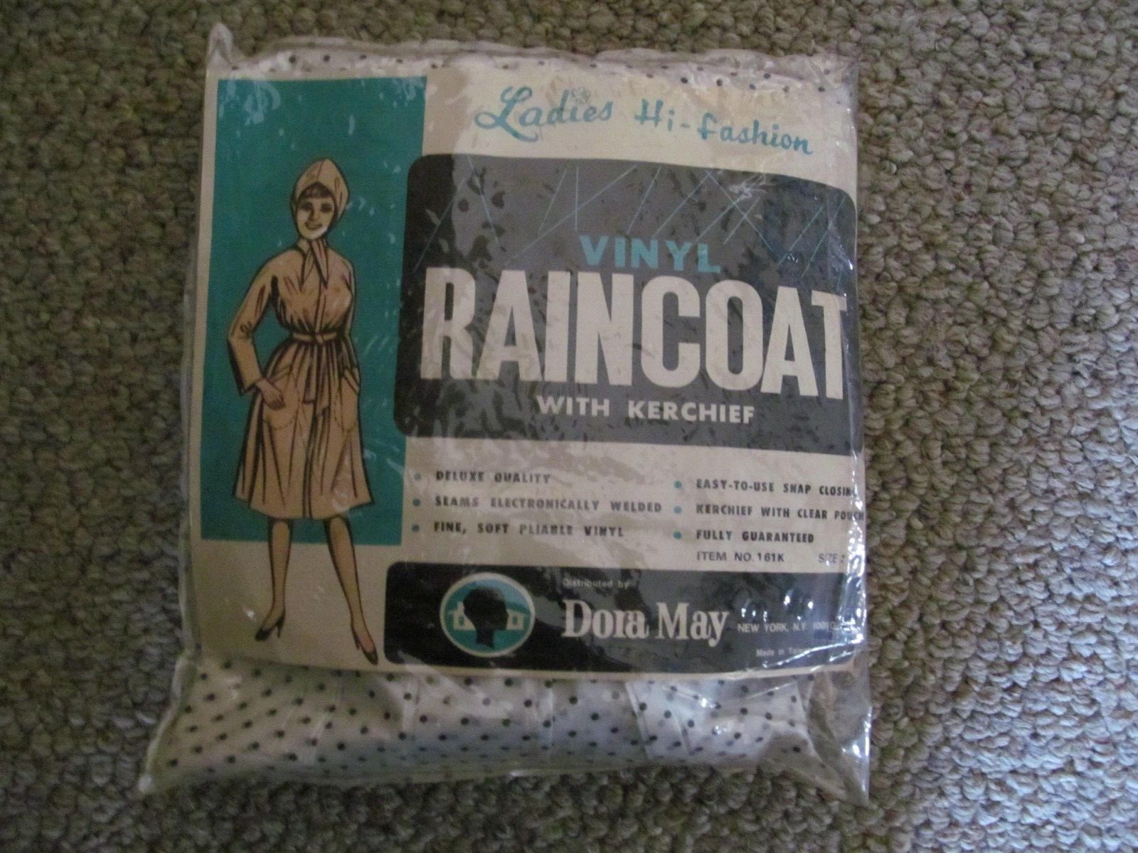 NEW – Vintage Dora May Vinyl Polka Dot Rain Coat With Kerchief – Medium