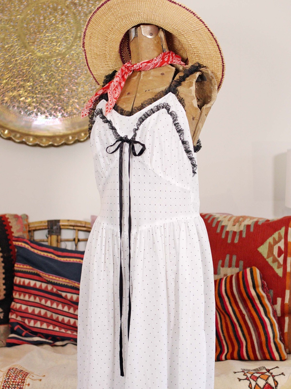VTG 1950s White Ditsy Polka Dot Cotton Midi Slip Lingerie Dress with Black Lace