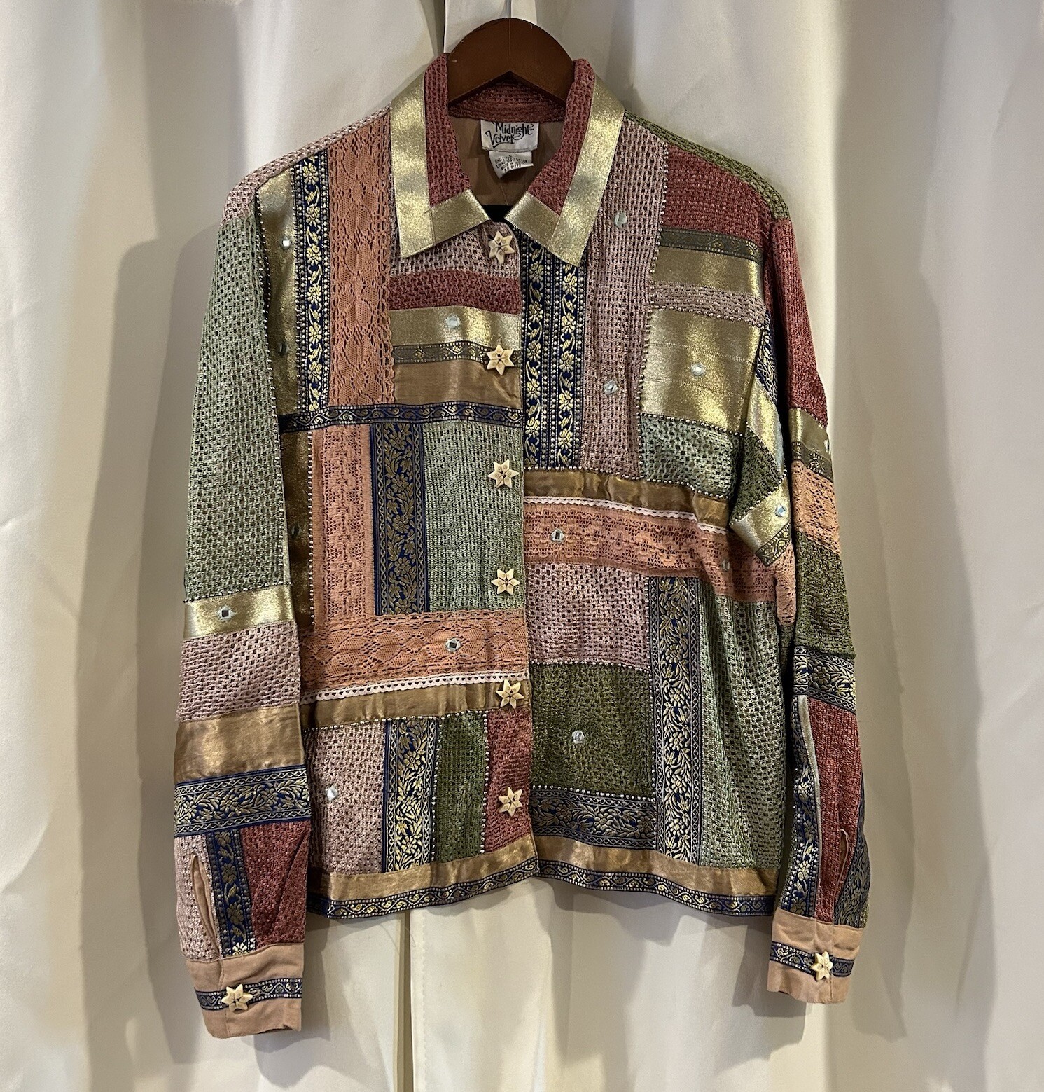 VTG Midnight Velvet Size Large JACKET Shirt Button PATCHWORK