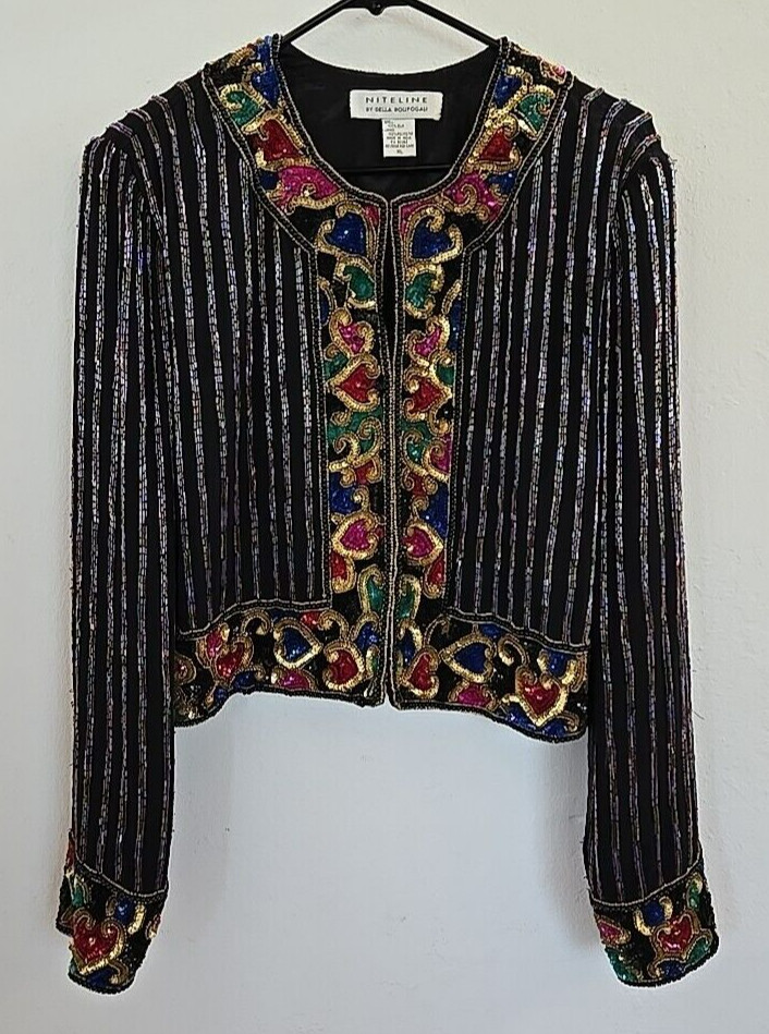 Niteline Della Roufogali Evening Silk Jacket Sequins Beaded Size XL