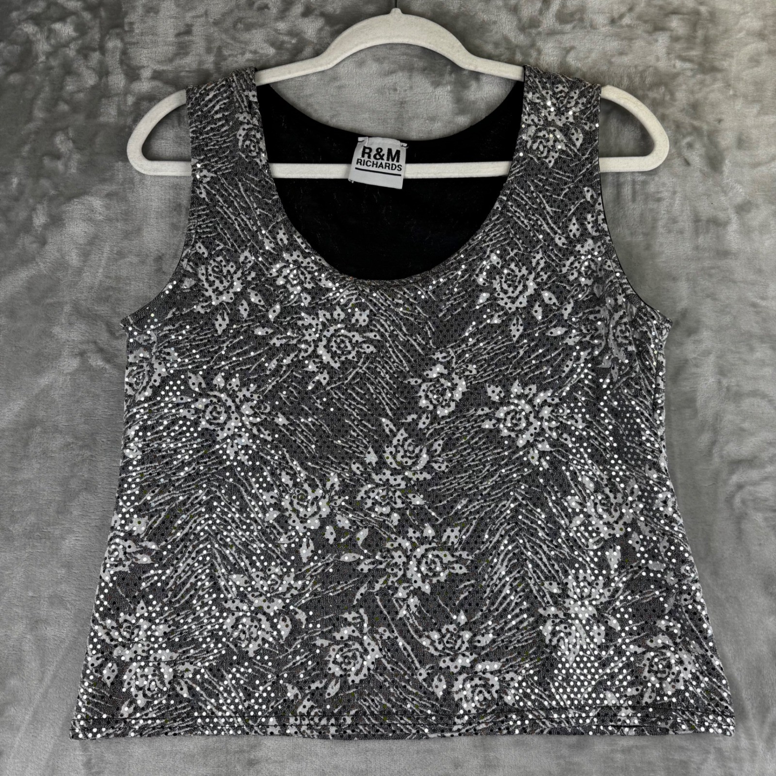 R&M Richards Tank Top Womens Medium Silver Black Sequin Floral Vintage (1516)