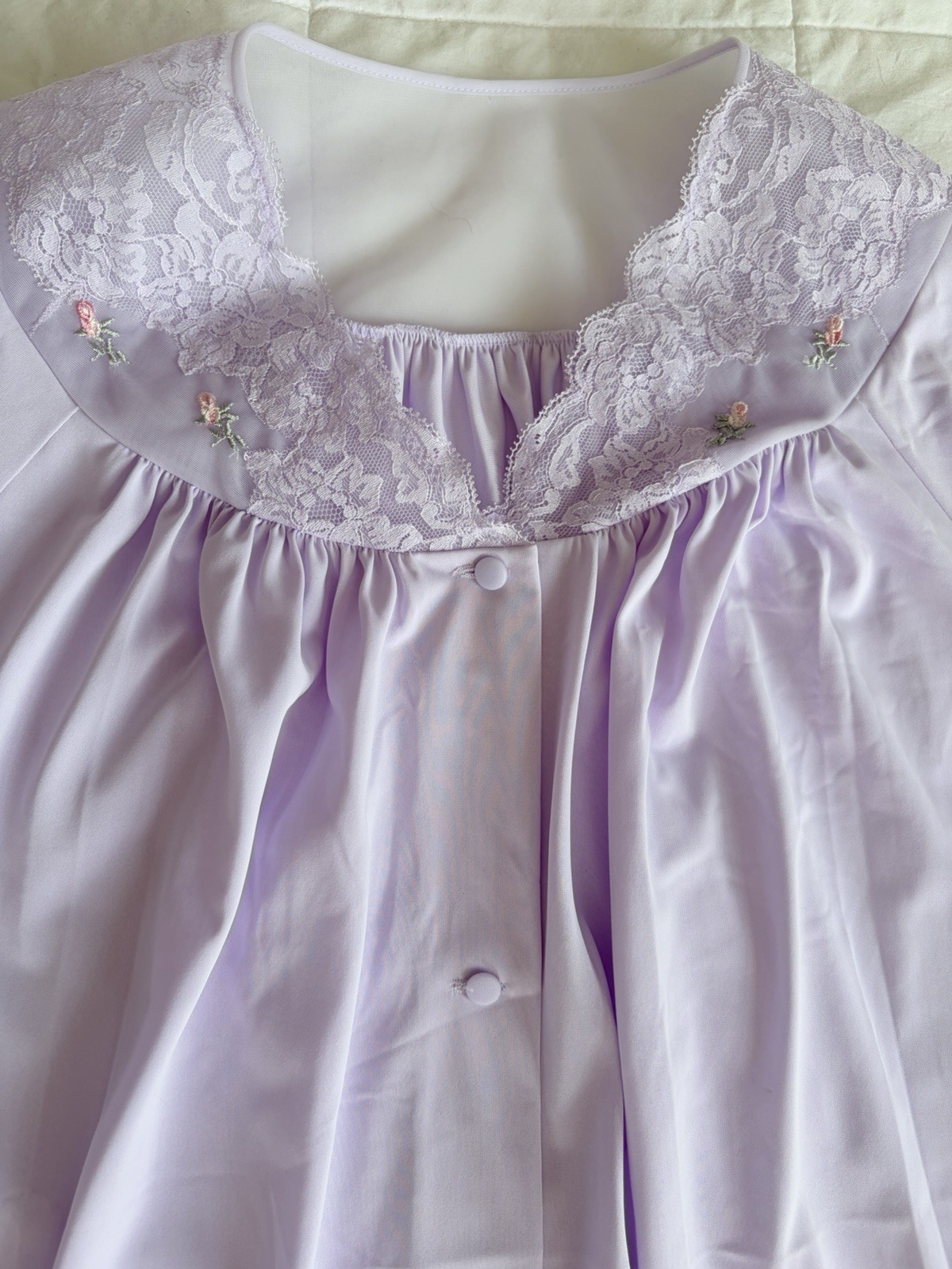 VTG Shadowline Nightgown Robe Lilac Lace Romantic Sleepwear Front Button Retro