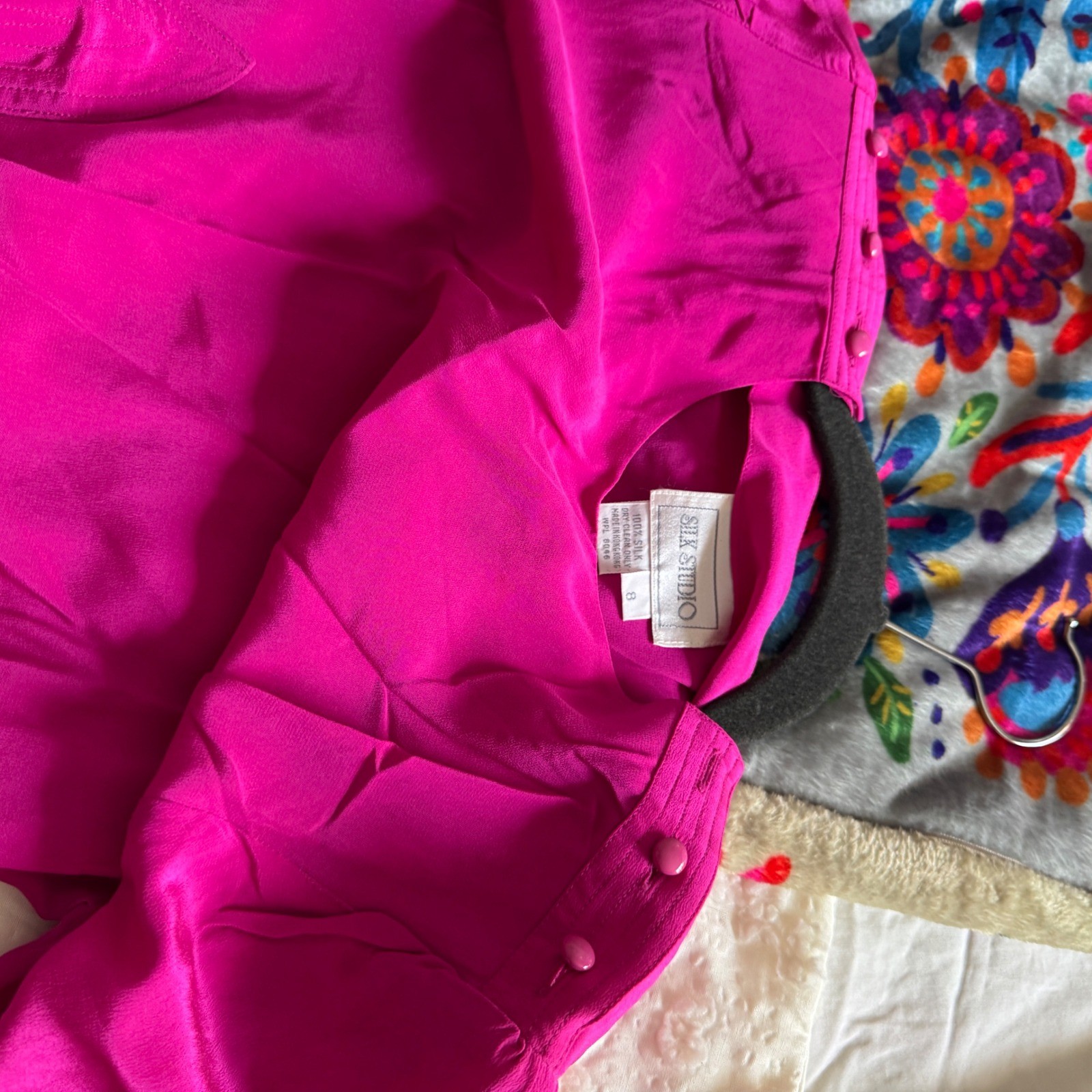 Silk Studio Vintage Fuchsia Pink 100% Silk Long Sleeve Midi Dress Size 8
