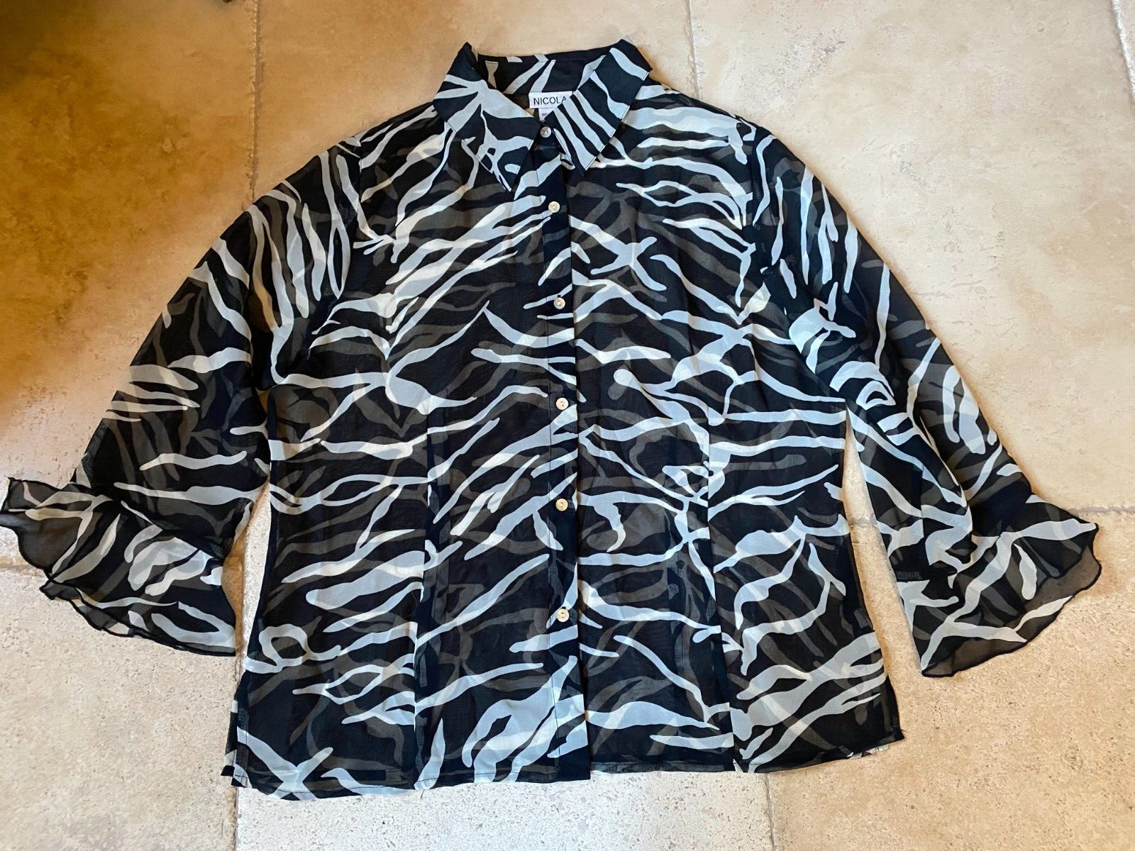 Vintage 1990s Nicola Sheer Zebra Print Button Down Organza Blouse