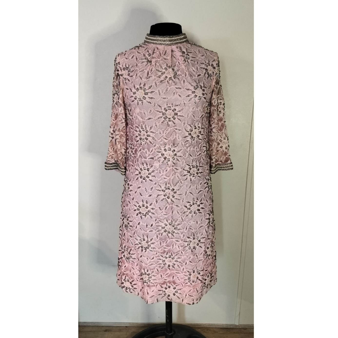 Valentina Ltd. Pink Silver Beaded Lace Dress Vintage Original Size 10