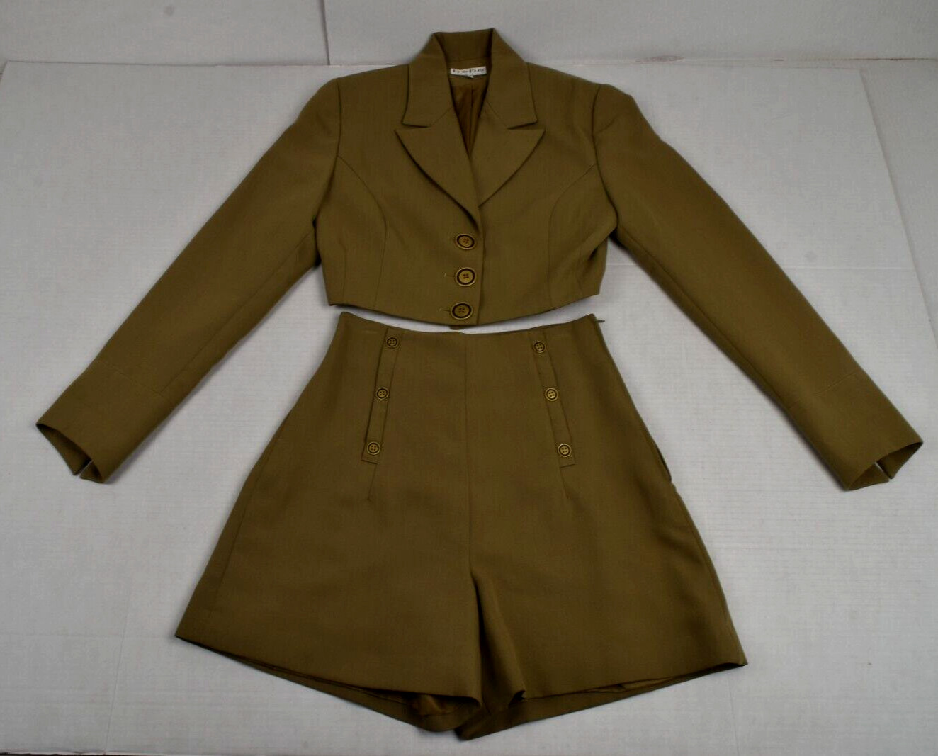 Vintage Bebe Jacket Shorts Set Size 2 80s Military Drab Bronze Buttons Made USA