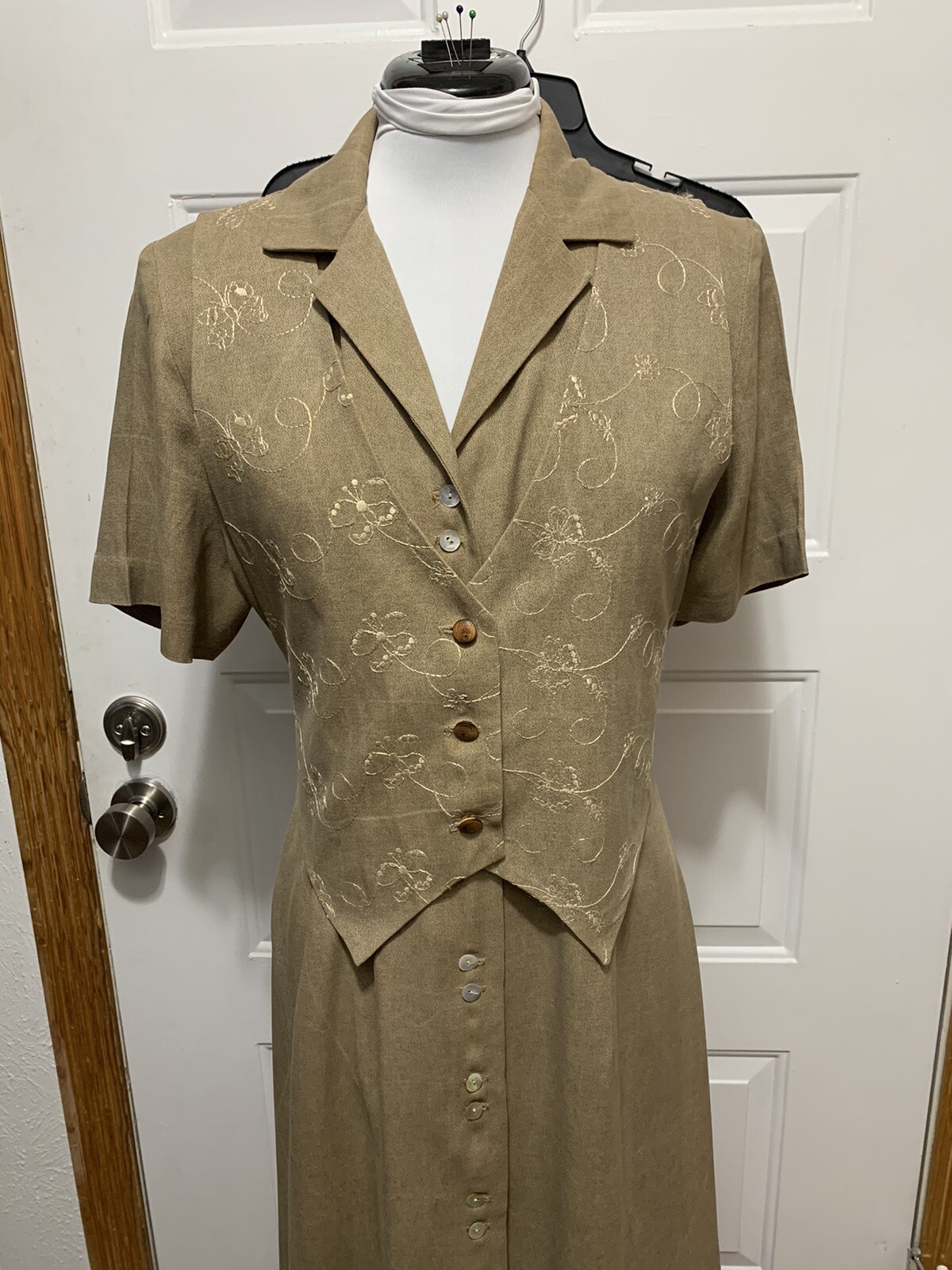 Vintage Brown K Studio Dress W/Attached tie Vest, Shell & Carved Buttons, Sz 14