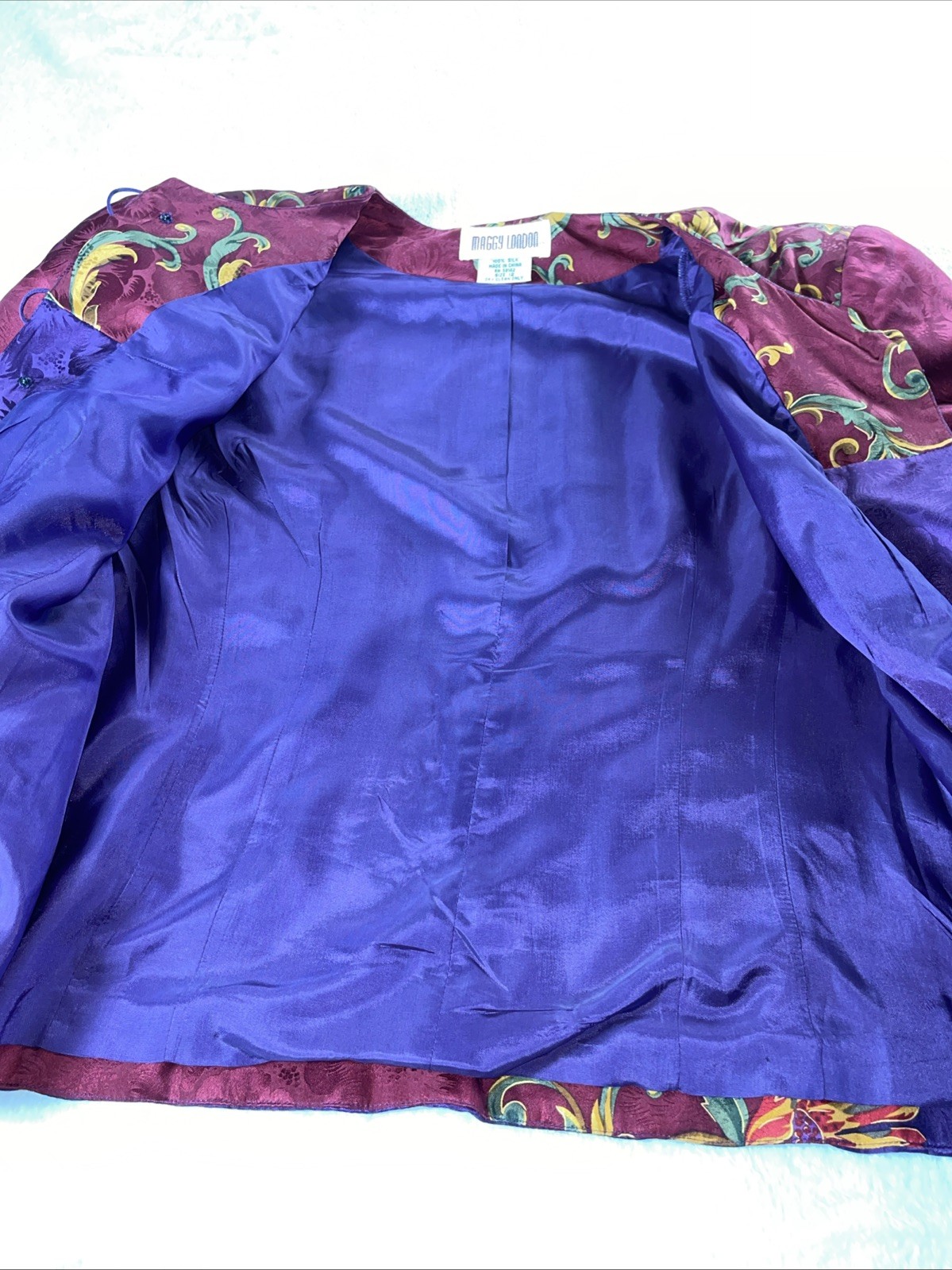 Maggy London Vintage Multi Color Floral Print 100% Silk Button Down Jacket 12