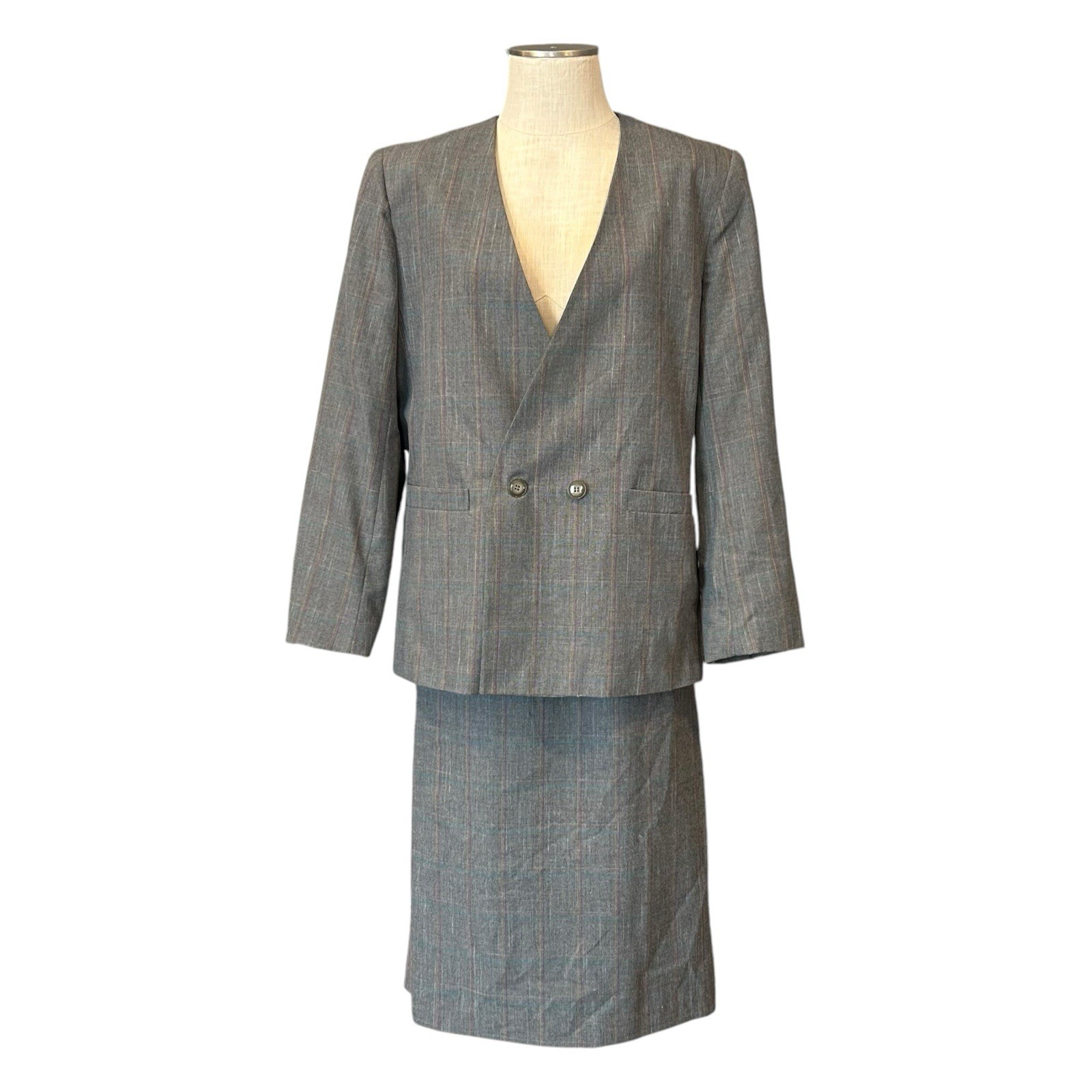 Vintage 90s Gray Plaid Windowpane Skirt Suit Set Shoulder Pads Size Large