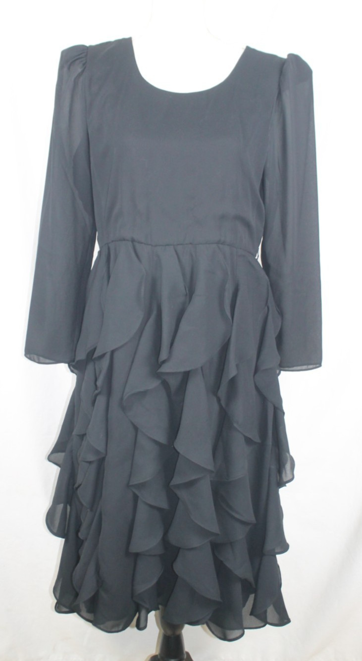 Claralura Originals Black Cocktail Dress 12 Midi Tiered Ruffles Gothic Wednesday