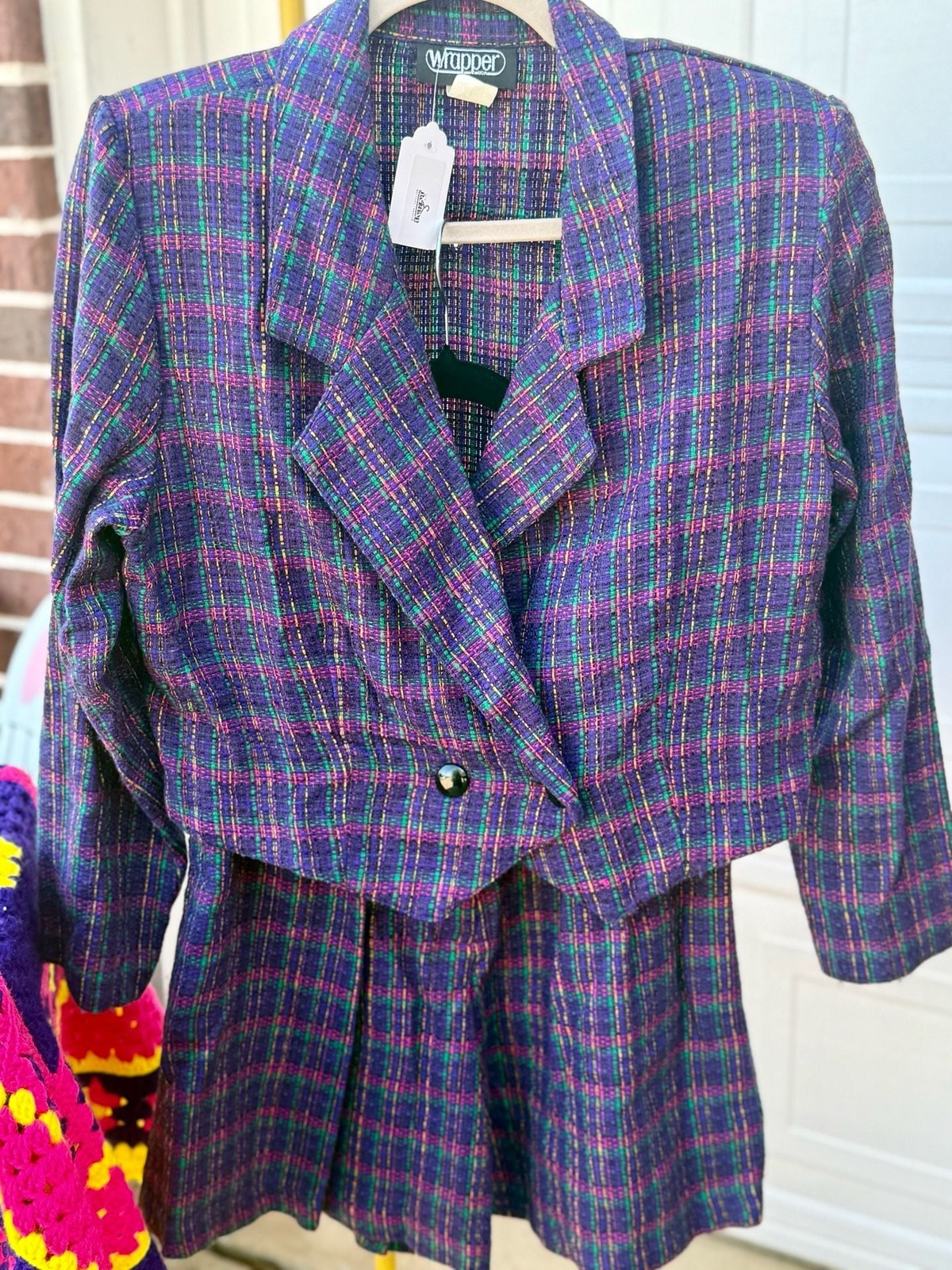 Vintage 90s Wrapper Purple Plaid Tweed Cropped Blazer and Shorts Set