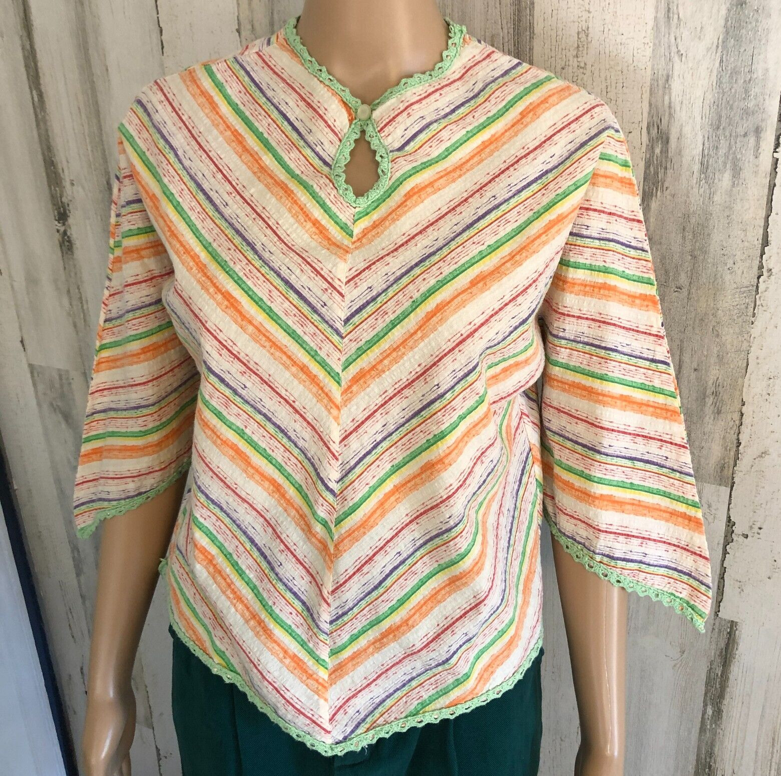 vtg 60s 70s Hippy Top XS/S Crochet Trim Handkerchief Style Striped Pucker Fabric
